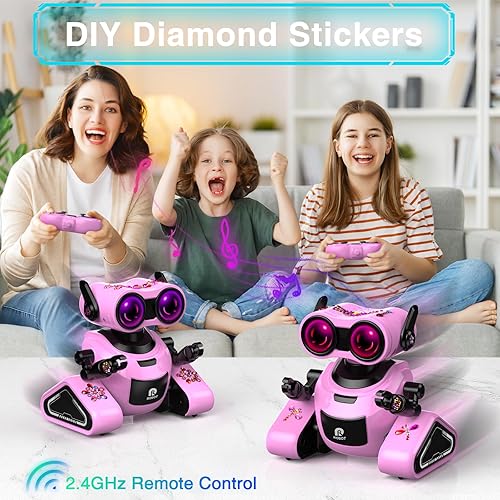 Miniatura 3 de Yerloa Juguetes robot para niñas con calcomanías 3D para 3-5, juguetes de Pascua para bebés, juguete robot de control remoto para niños con música y