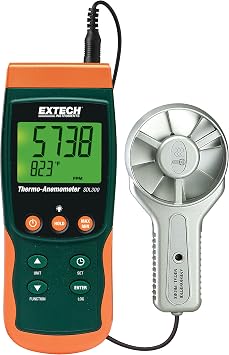 Extech SDL300 Metal Vane Thermo-Anemometer and Datalogger, 2.80" Dia. | Air velocity to 6900ft/min, temp to 158F, Type K/J input, 9999-count LCD, SD card Excel logging, 2.8in vane