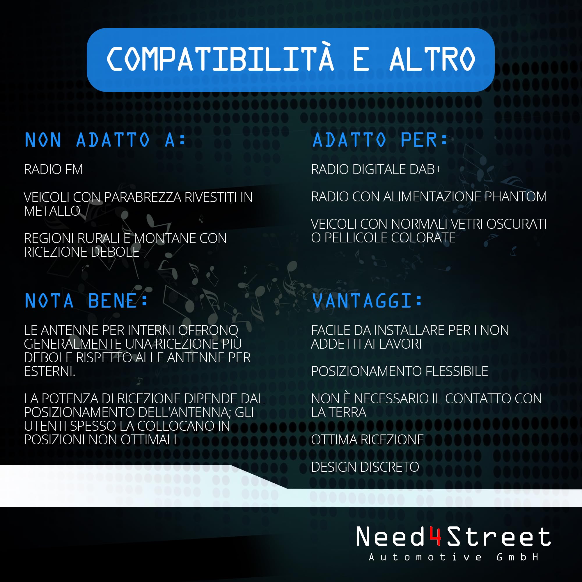 Antenna DAB+ per aggiornare l'autoradio, spina SMA, lunghezza cavo 250 cm, antenna auto con amplificatore per migliore ricezione