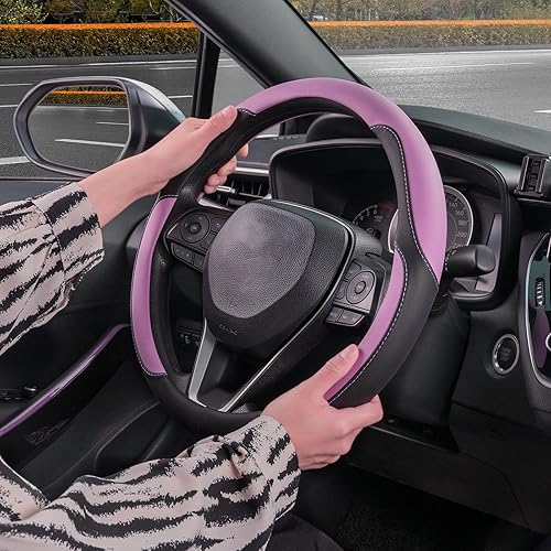 Miniatura 73 de SEG Direct Funda universal para volante de automóvil, de 15 pulgadas, piel de microfibra, color blanco y gris Negro y gris