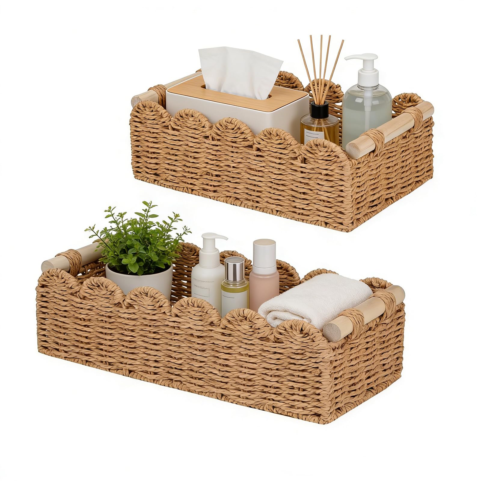2Pcs Wicker Storage Baskets, Handwoven Organiser Boxes with Wooden Handles, Versatile Woven Bins for Bathroom, Kitchen, Pantry, Shelves & Countertop Home Storage (Beige)