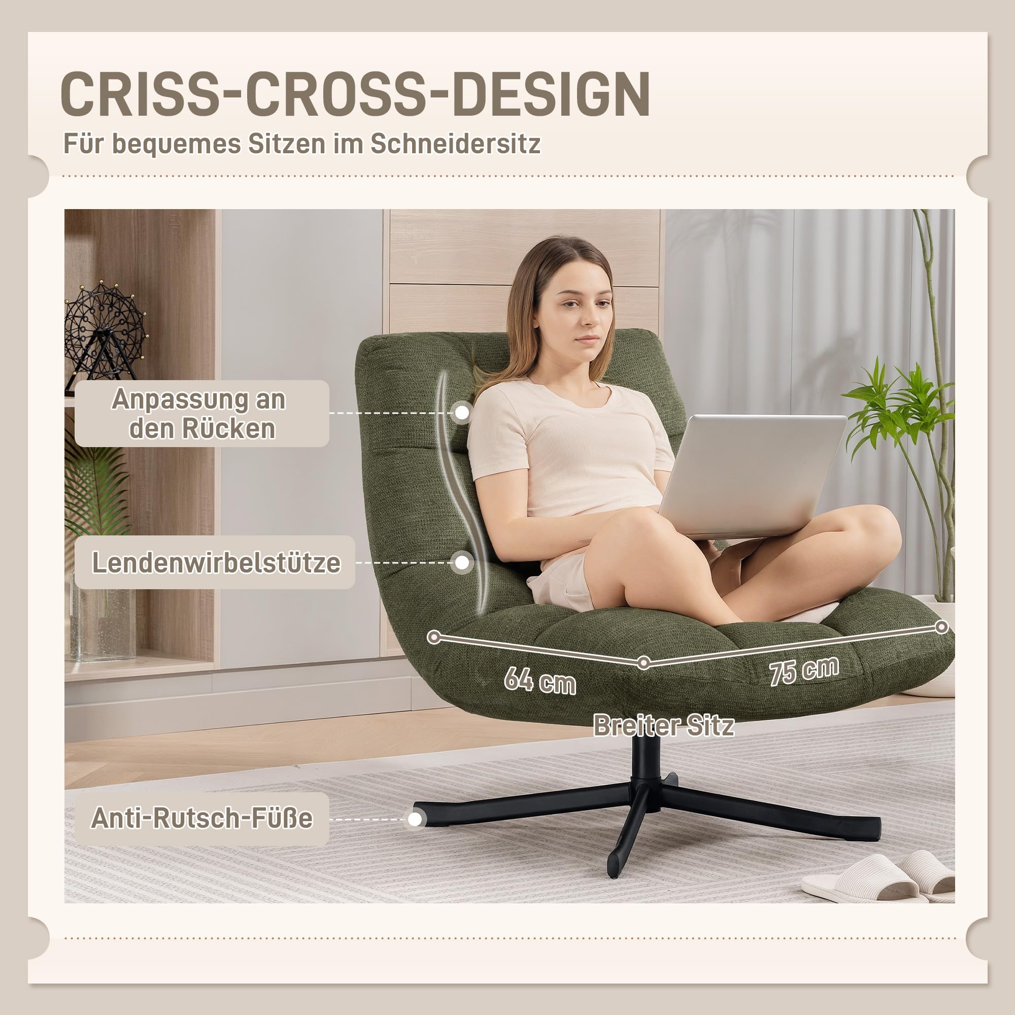 HOMCOM Sessel Drehbar Loungesessel mit Breiter Sitzfläche, gepolstert Relaxsessel mit wasserabweisend Chenille-Optik, gekreuzt Stahlbeine, modern Polsterstuhl für Wohnzimmer, Schlafzimmer, Grün
