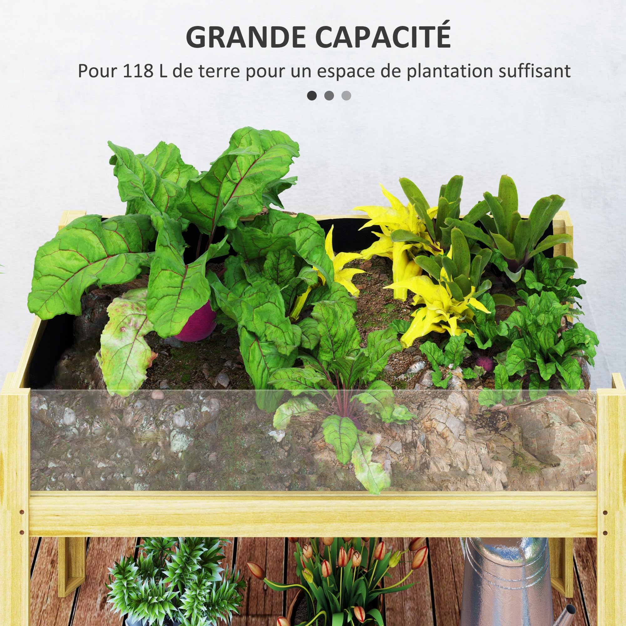 Outsunny Jardinière sur Pieds, carré Potager de Jardin sur Pieds avec Panneaux en Acrylique et Trous de Drainage, Potager surélevé en Bois pour Fleurs, Herbes, légumes, 110 x 50 x 80 cm, Bois Naturel