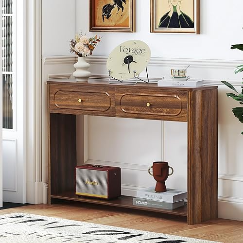 Miniatura 8 de Mesa consola acanalada con cajones, mesa de entrada estrecha de mediados de siglo con estantes de almacenamiento abiertos, mesas decorativas de