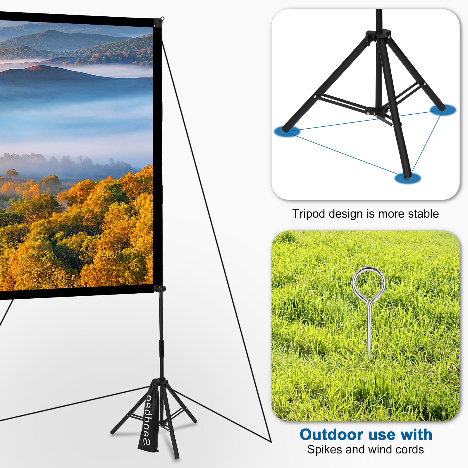 Beamer Leinwand mit Stativ 100 Zoll, 16:9 HD faltfrei für Garten & Camping