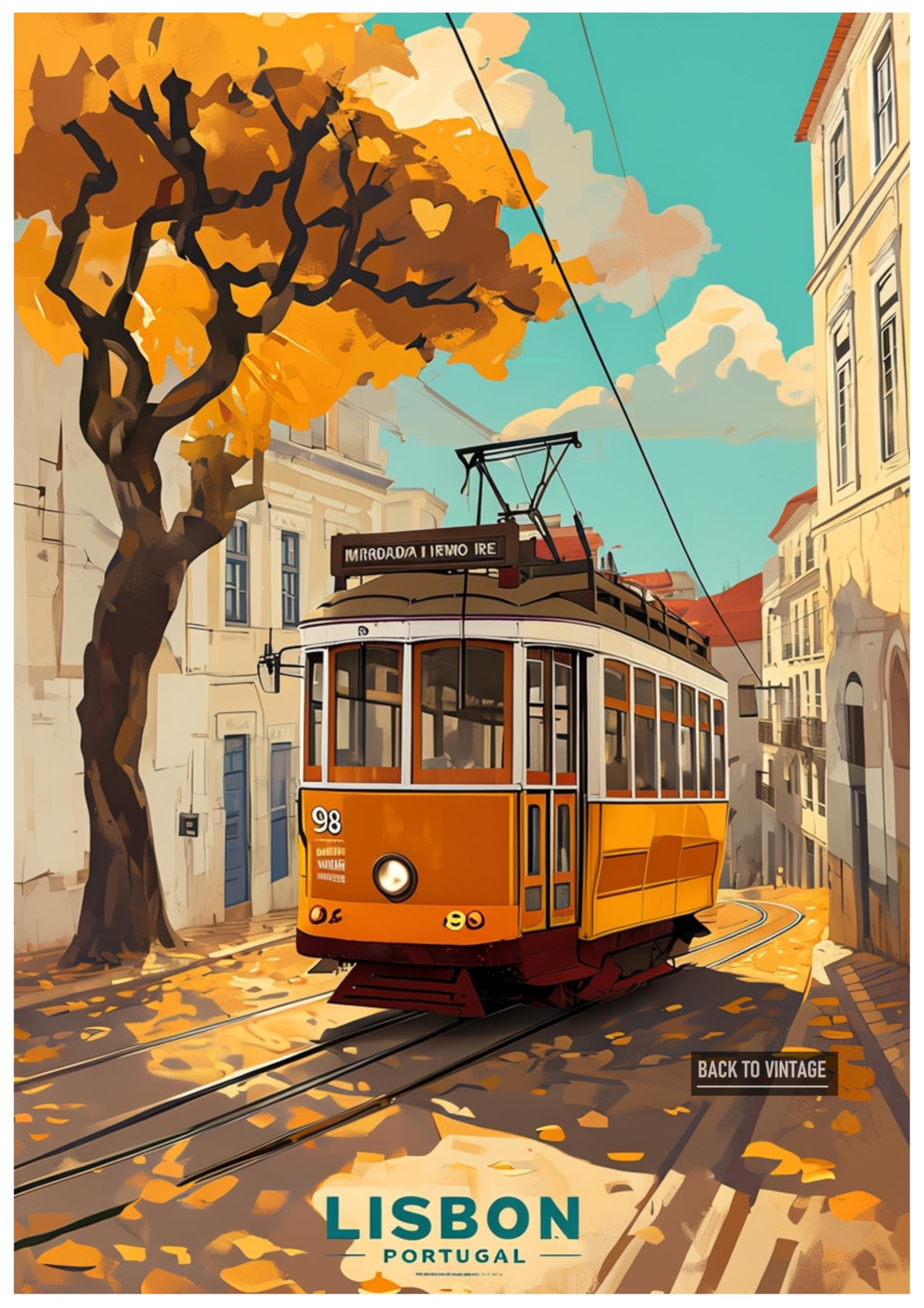 Back To Vintage Multicoloured Vintage Travel Poster Illustration Of Lisbon City With Iconic Tram - Retro Europe Travel Poster A4 Size Vintage Wall Art Print Of Famous European Destinations Ideal For Home Or Office Decor