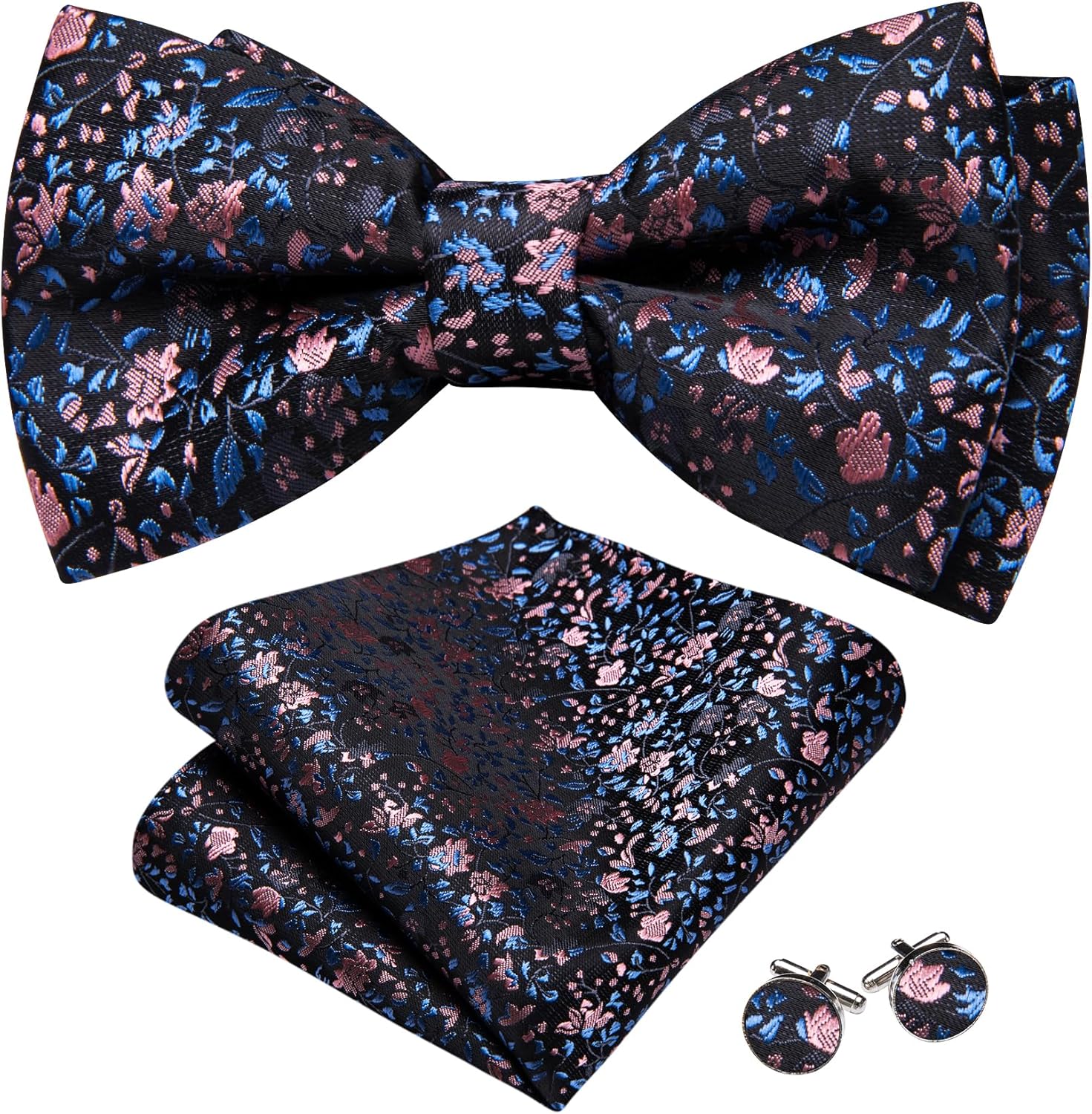 YOHOWA Men's Pre-Tied Bow Tie Formal Adjustable Colorful Bowties Handkerchief Cufflinks Set Wedding Party C Black Pink Blue