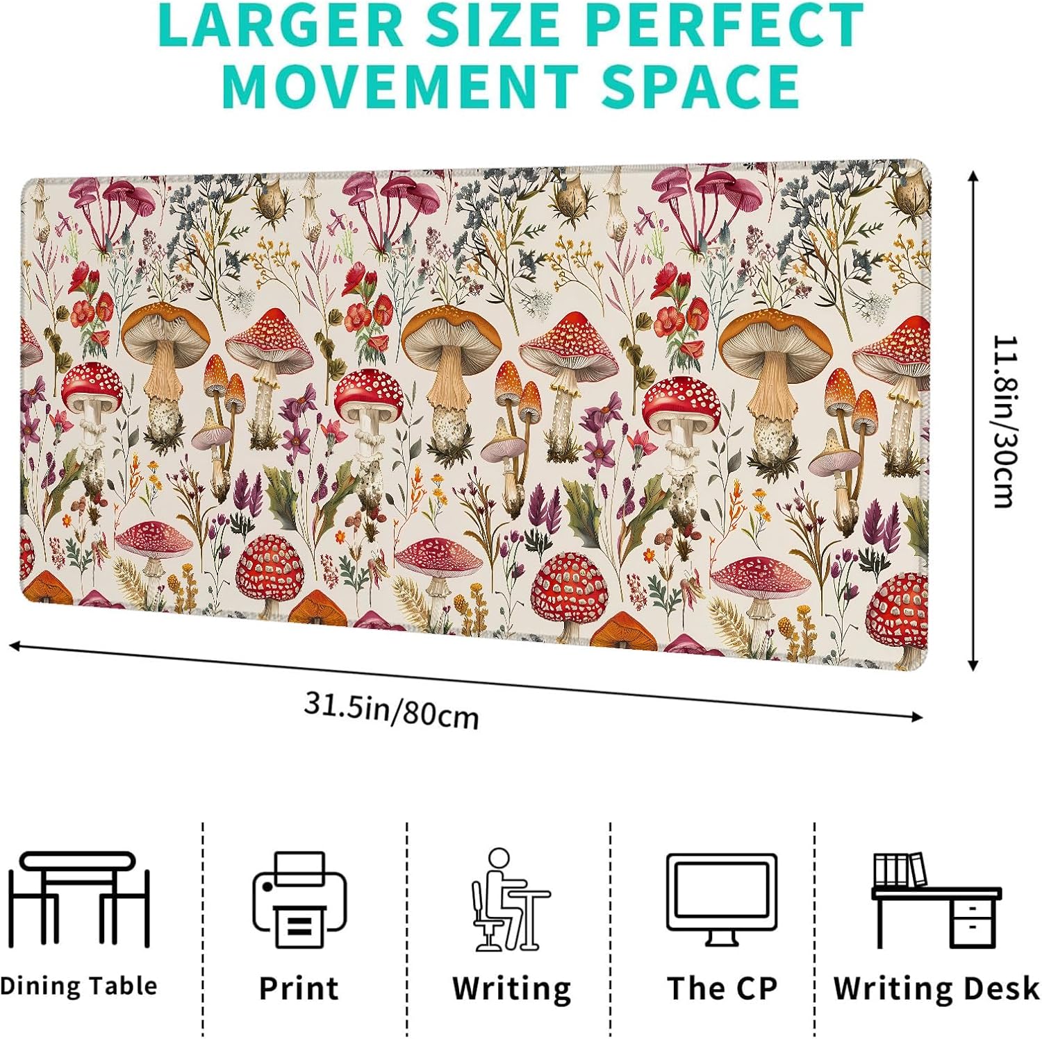Retro Mushroom Garden Gaming Mouse Pad – 12x31.5in Non-Slip Rubber Desk Mat with Botanical Illustration – Large Extended Mousepad for Office Home – Ideal Deskmat Gifts for Nature and Art Decor