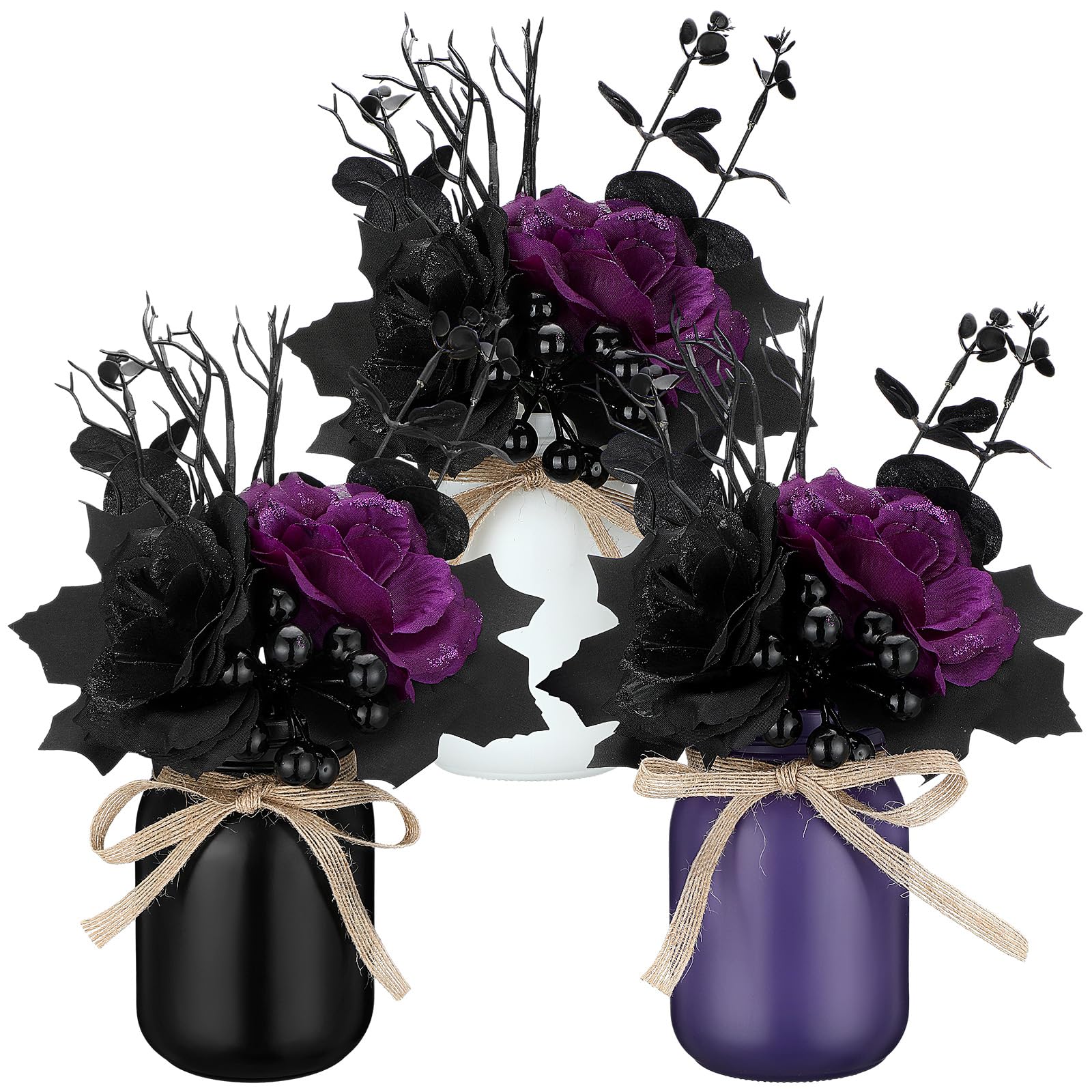 Gejoy 3 Pcs Halloween Table Decor Set Halloween Mason Jar with Artificial Flower Black Purple Table Centerpieces Faux Flowers with Vases for Halloween Floral Arrangements Home Decorations (Cool)