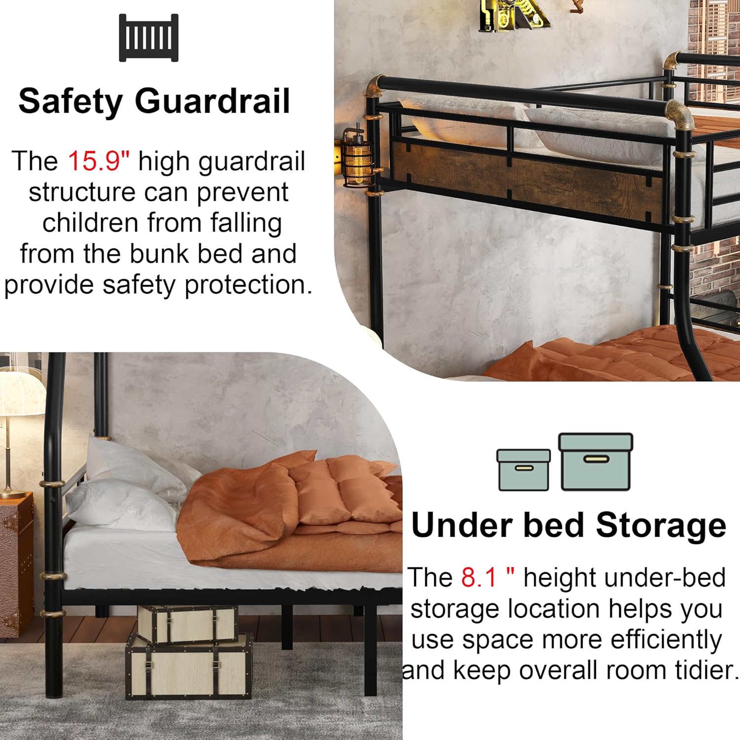 Full XL Over Queen Bunk Bed, Industrial Detachable Bunked Frame with Soft Ladder Rung Cover and High Guardrails, Industrial Bunk Beds for Kids Boys Girls Teens, Black