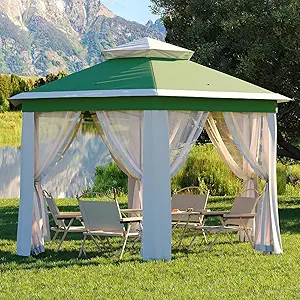 Garvee 13x13FT Pop Up Gazebo Screen Tent,Hexagonal Instant Gazebo Tent with Mosquito Netting Outdoor Canopy,6 Sided Sun Shelter with Mesh Netting,Pavilion Tents for Patio,Green+Beige