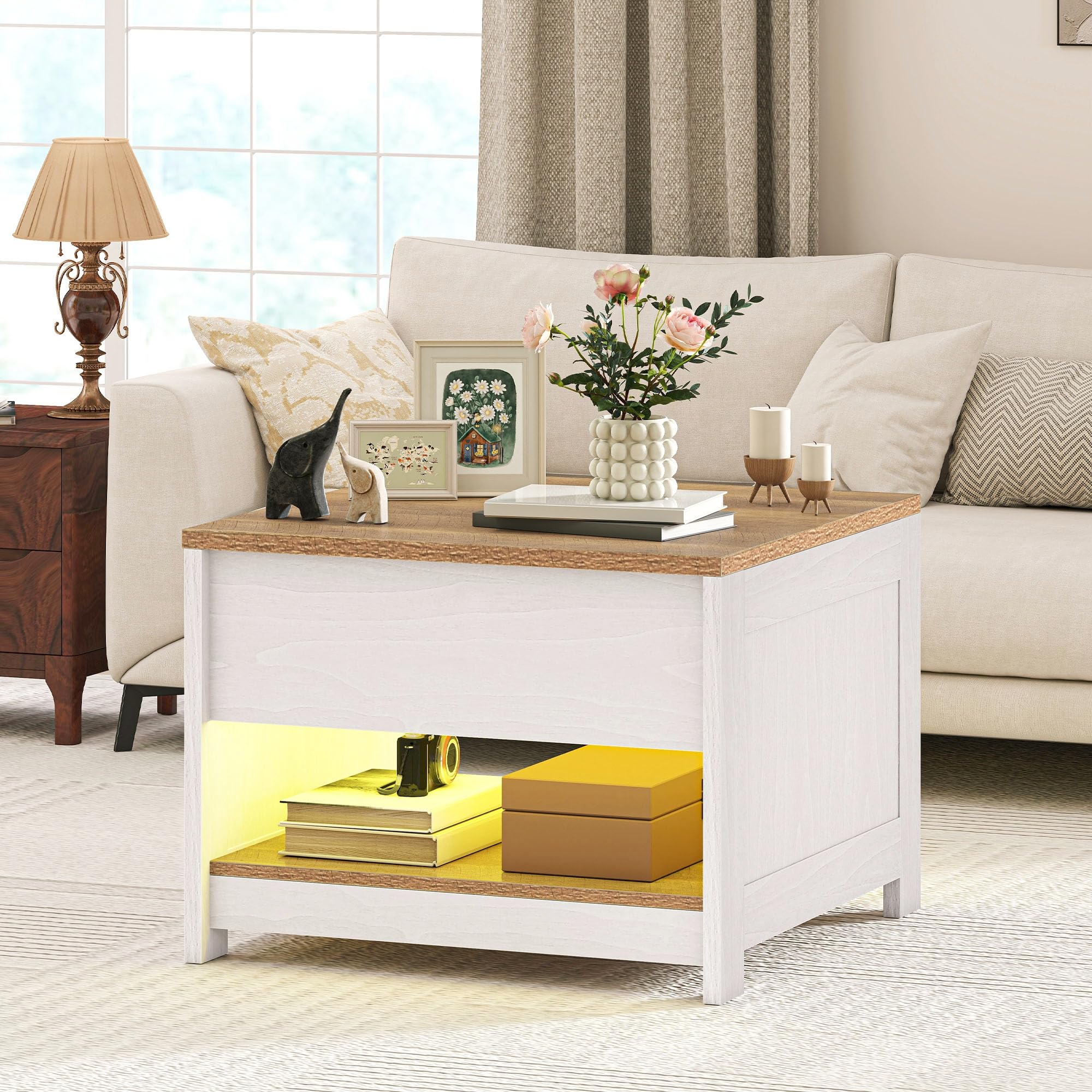 DWVO Mesa de Centro con Tablero Elevable e Iluminación LED, Mesa de Salón Cuadrada Moderna con Compartimento Oculto y Estante Abierto, 60 x 60 x 45 cm
