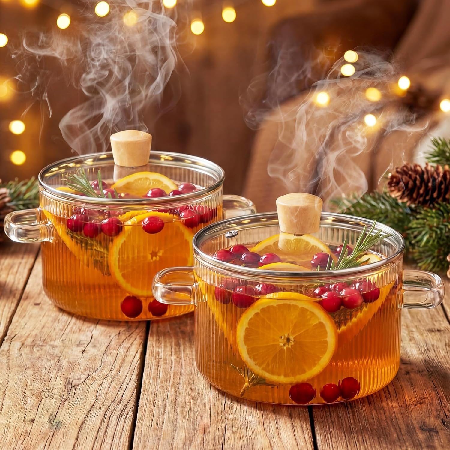 Zhehao 2 Pcs 1.8 L(60 Oz) Ribbed Glass Cooking Pots with Lid, Handle on Stove, Simmer Saucepan Heat Resistant with Cover, Cookware Pots Set for Stovetop Pasta, Noodles, Soup, Cereals, Fruit