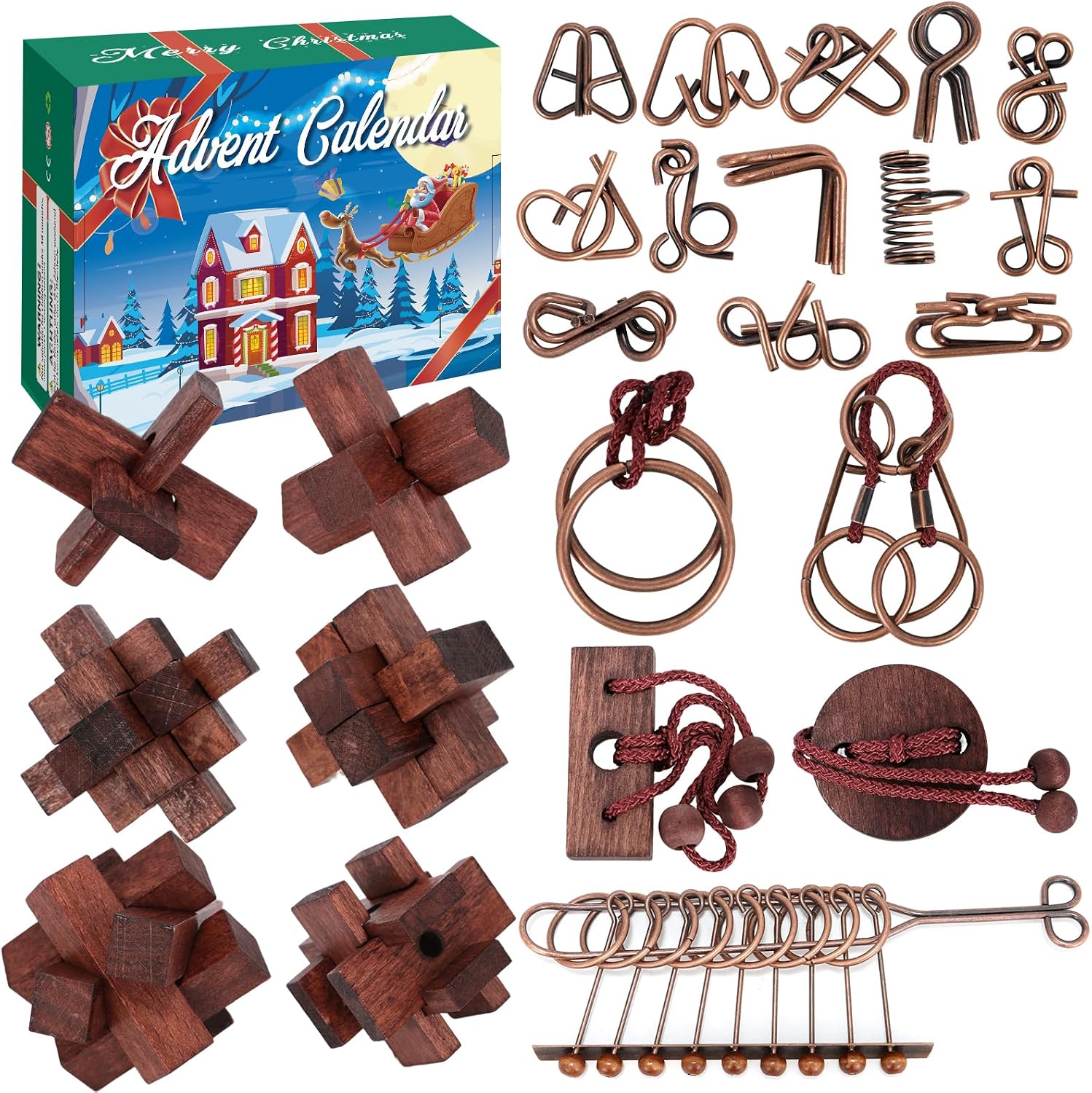 Advent Calendar 2025, Christmas Countdown Calendar Gift Box with 24 Brain Teaser Puzzles, 24 Days IQ Games Metal and Wooden Puzzles Xmas Countdown Calendar Challenge for Adults Teens Boys Girls