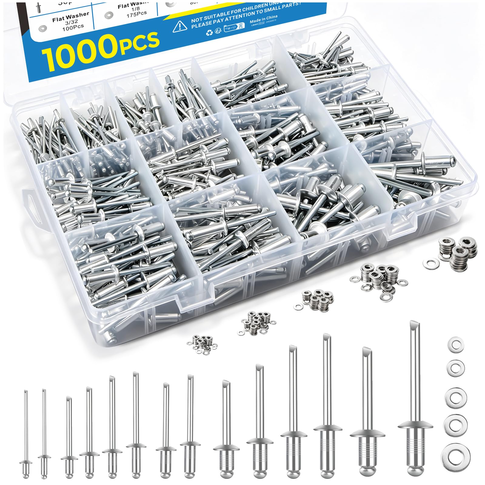 1000PCS Aluminum Pop Rivets Assortment Kit with Washers Storage Case