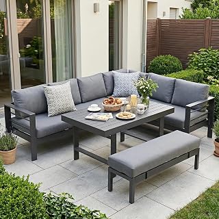 Atenza Garten Lounge Set für 6-8 Personen, Wetterfeste Aluminium Ecklounge mit Esstisch & Sitzbank, Outdoor Essgruppe inkl. Dicker Sitz- und Rückenkissen für Terrasse, Garten & Balkon