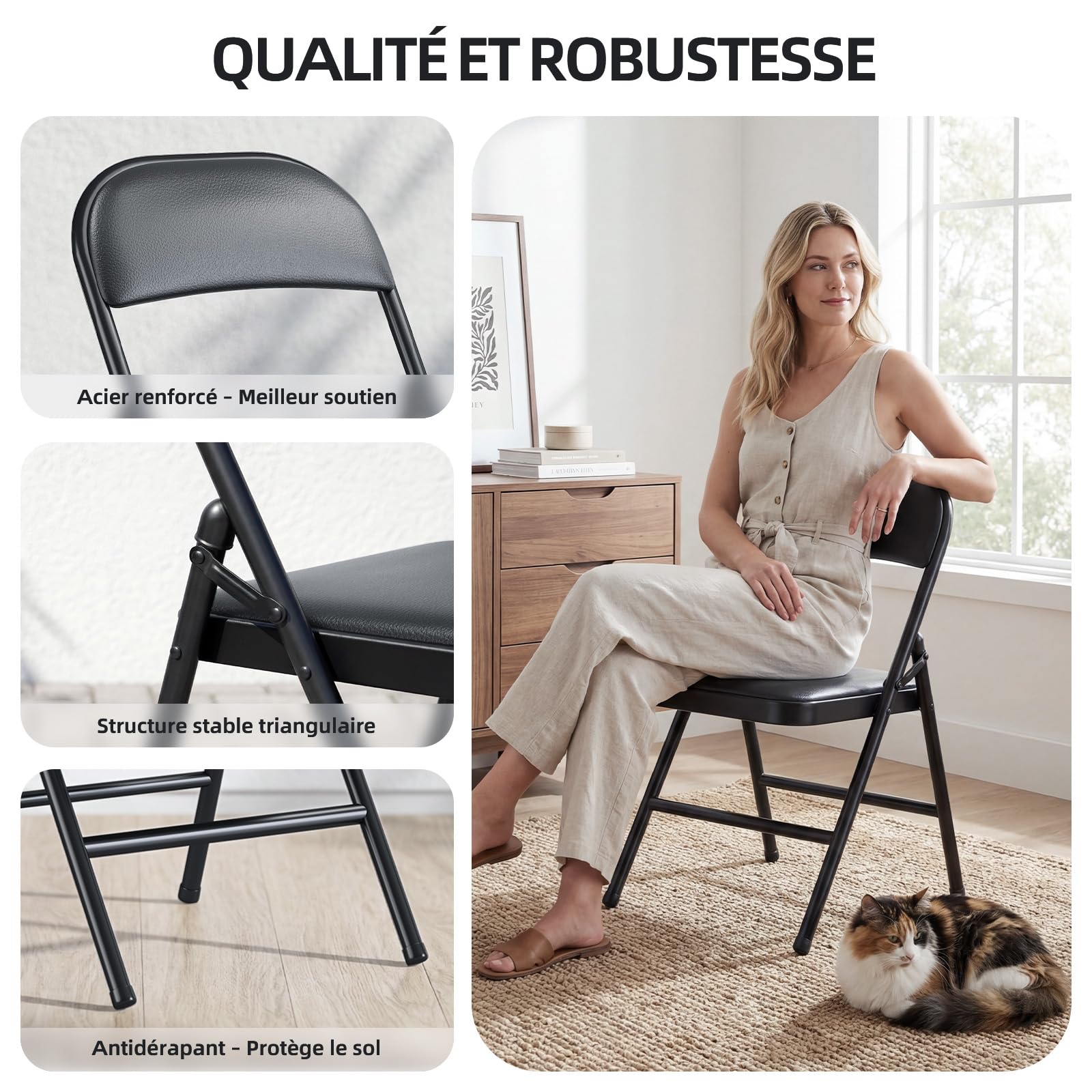 Lot de 6 Chaises Pliantes Rembourrées, Charge 158 kg, Cadre en Acier, Simili Cuir PU, Pliable Gain de Place, sans Montage, pour Salon, Salle à Manger, Camping, Jardin, Réception, Noir