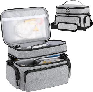 Wearable Breast Pump Bag Compatible with Elvie Willow Medela, 2 Layer Breast Pump Bag with Multi-Pocket for Work Mom, Insulated Carrying Case Baby Bottle Bag for Breast Pump with Waterproof Mat