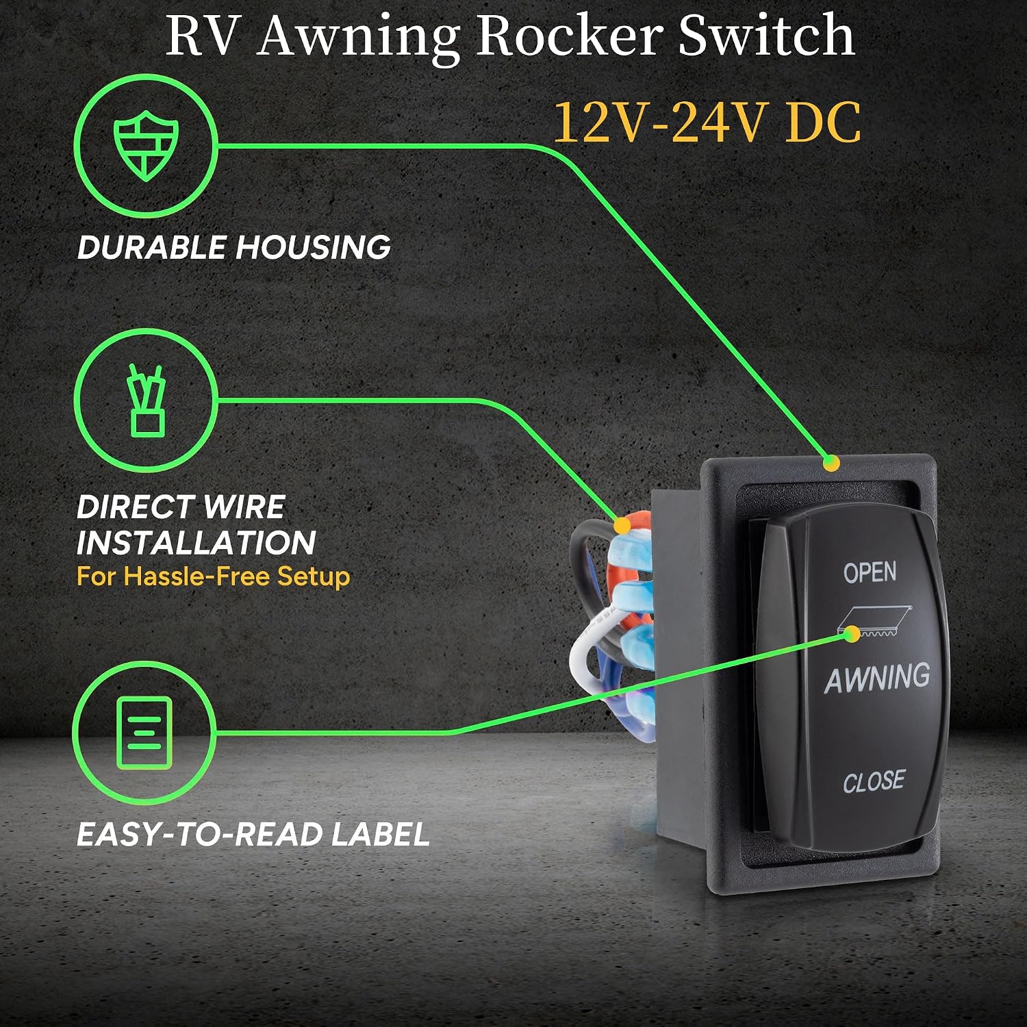 RV Awning Rocker Switch with Housing Bracket, Marine Boat Car Waterproof Toggle Switch 12V-24V DC 8 Pin DPDT Momentary 3 Position (ON)-Off-(ON) Switch for Automotive Replacement Parts