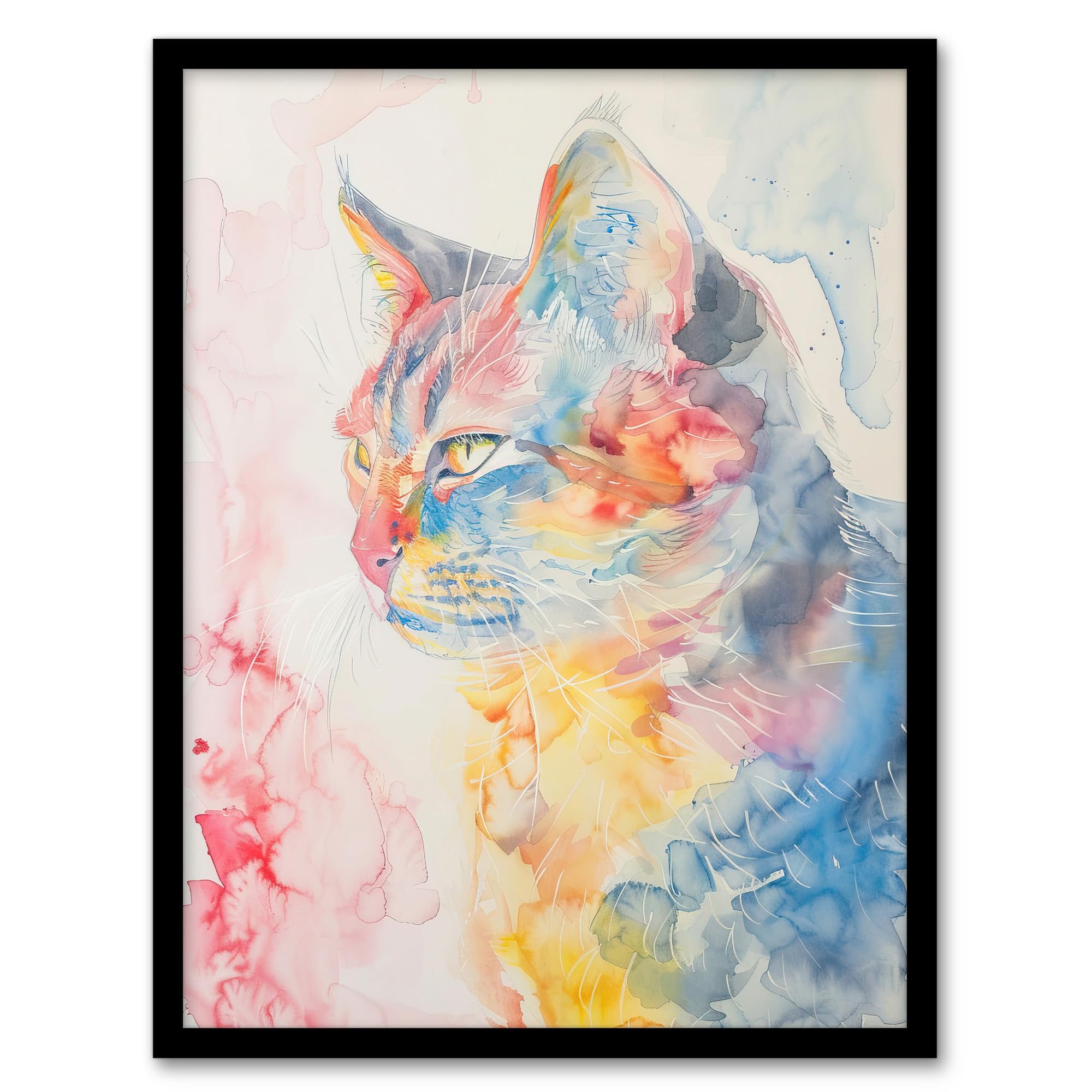Artery8 Cat Lover Pastel Rainbow Watercolour Portrait Living Room Artwork Framed Wall Art Print A4