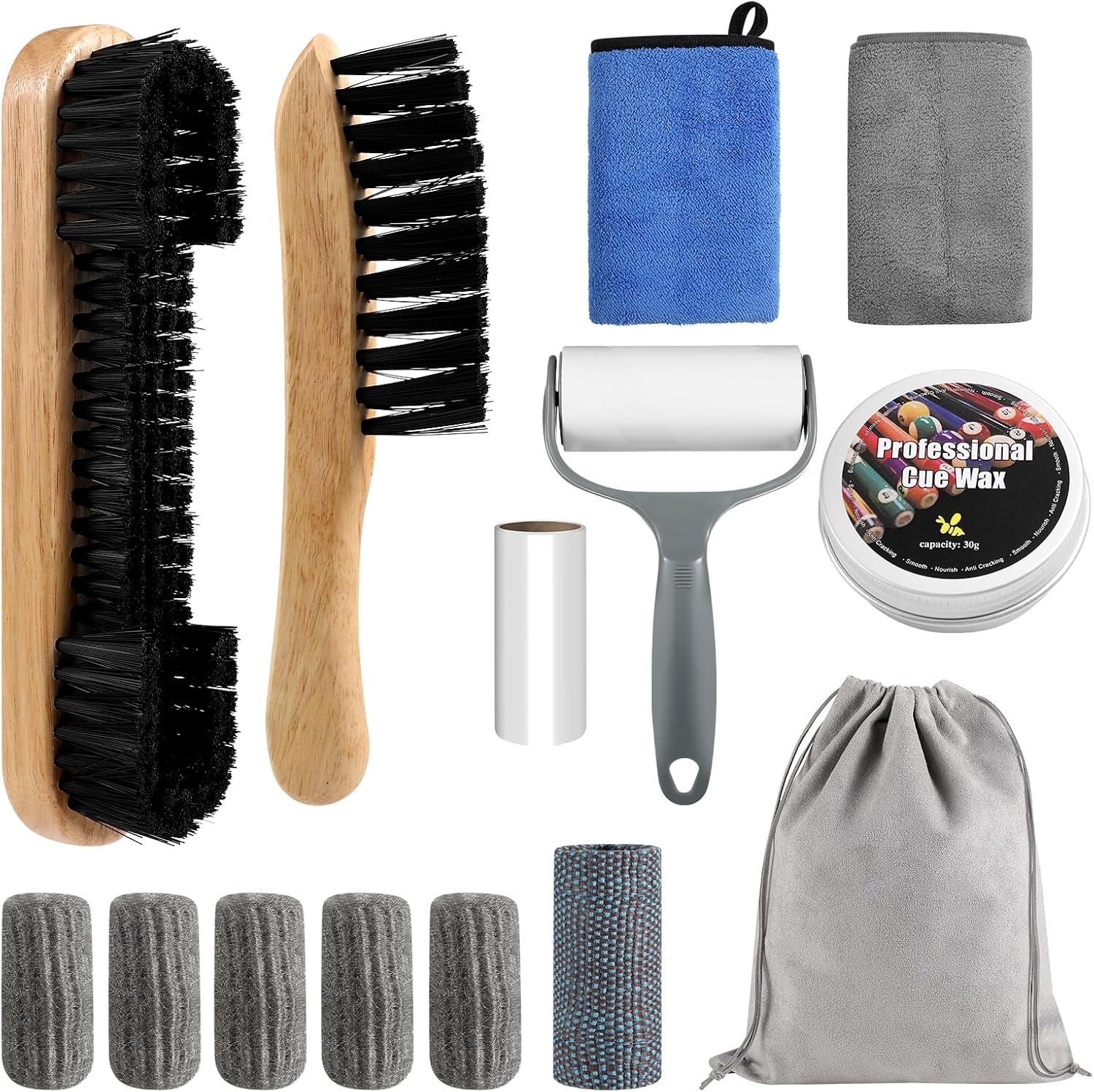 Pool Table Brush Set, 14pcs Billiard Table Felt and Cue Cleaning Accessories with 2 Wooden Brushes, Cue Cleaning Cloth, Ferrule Polish Cloth, Shaft Wax, Towel Burnisher and Sticky Lint Roller