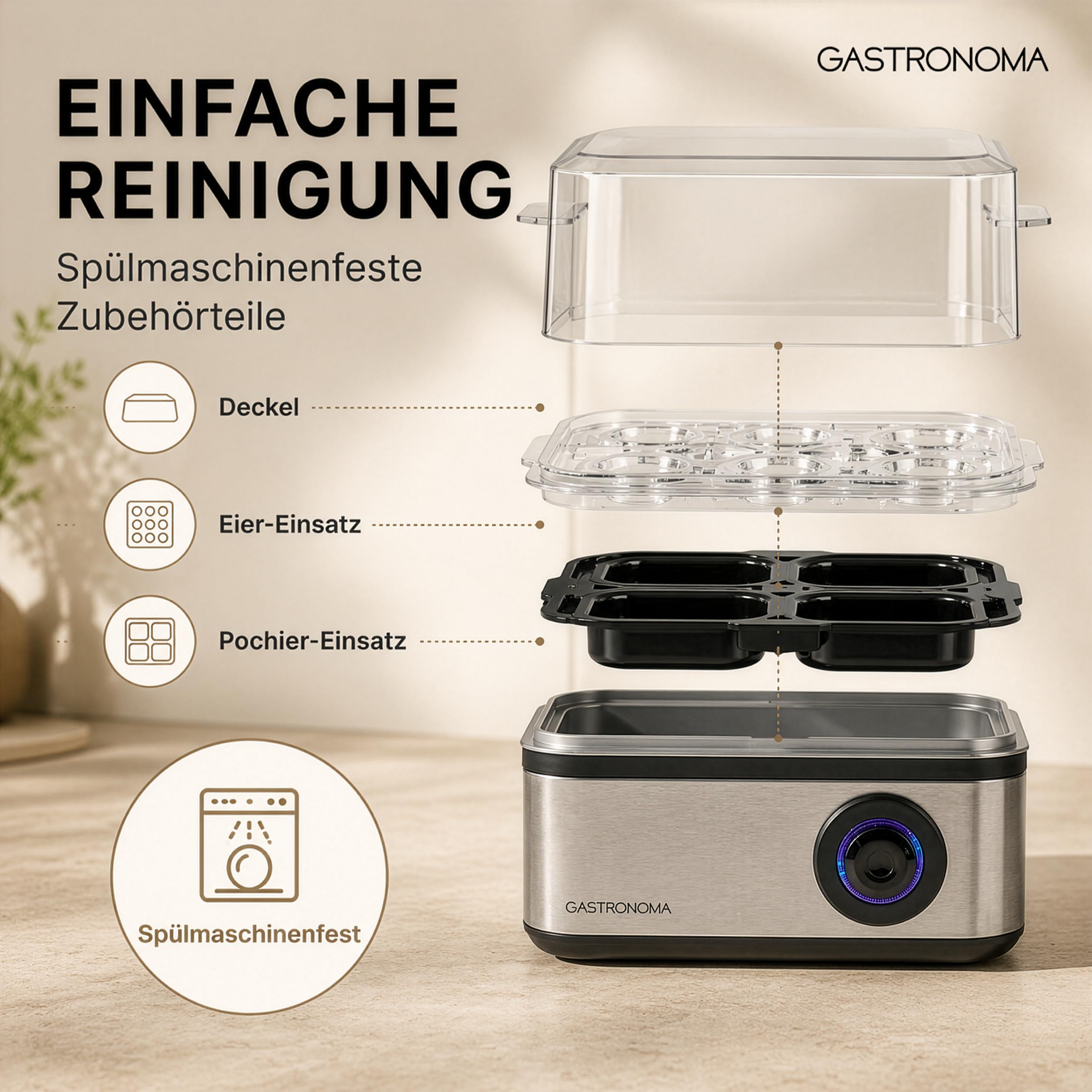 Gastronoma Eierkocher - Eierkocher 8 Eier - Egg Cooker mit Timer - Edelstahl - Silber