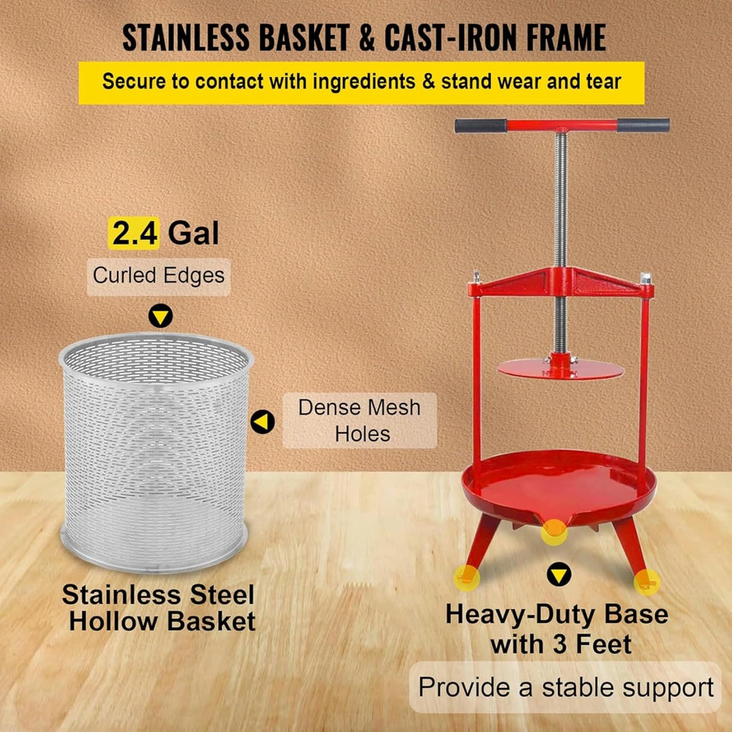 Fruit Wine Press Manual Press for Wine Making 2.4Gal 9L Stainless Steel Basket Red Silver Wine Grape Press