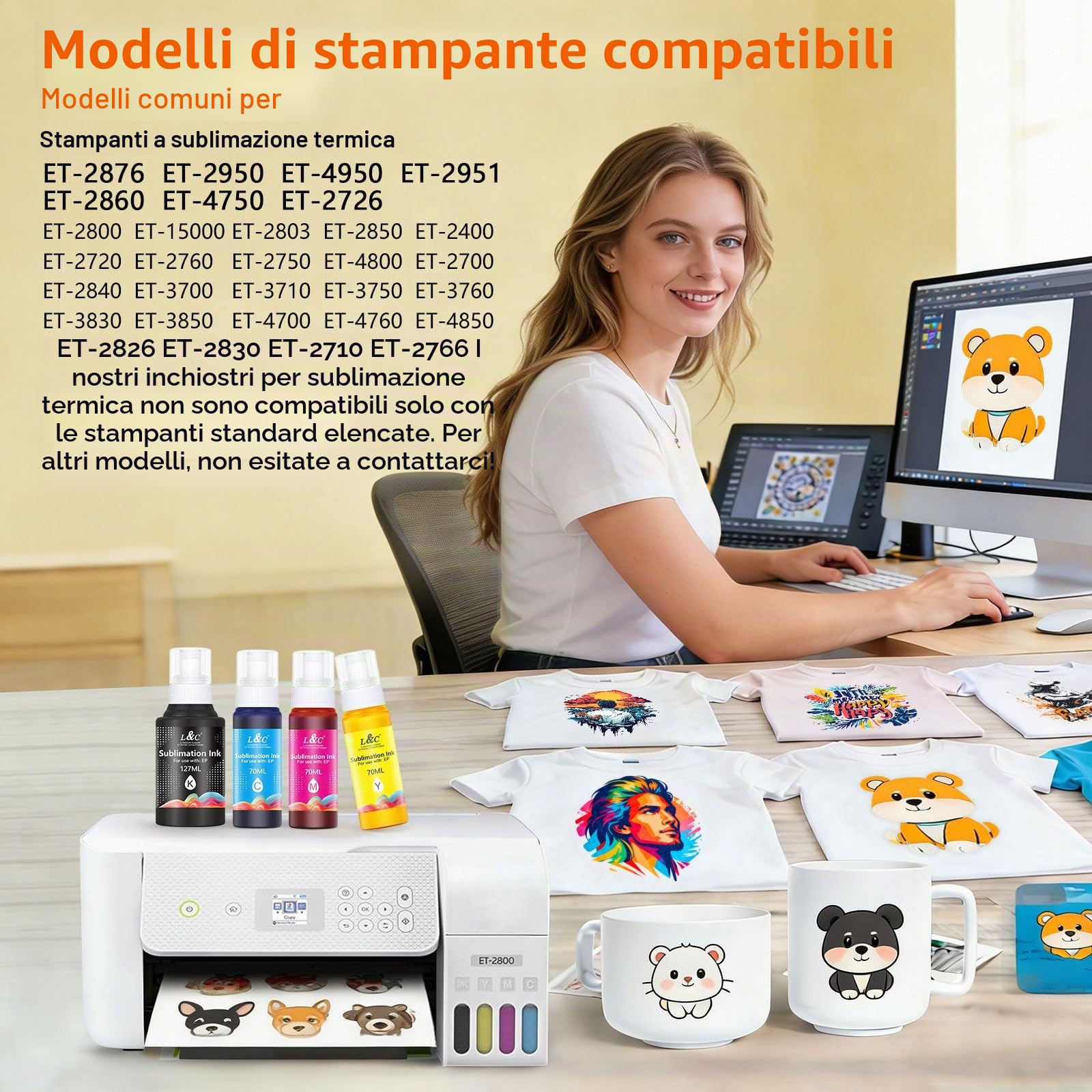 Inchiostro Sublimazione per Stampante ET-1810 ET-2850 ET-2810 ET-2876 ET-2830 ET-2826 ET-2815 ET-15000 ET-4810 ET-2861 ET-2870 ET-2871 per Epson Ecotank (Riempimento automatico/Anti-UV/Senza ICC)
