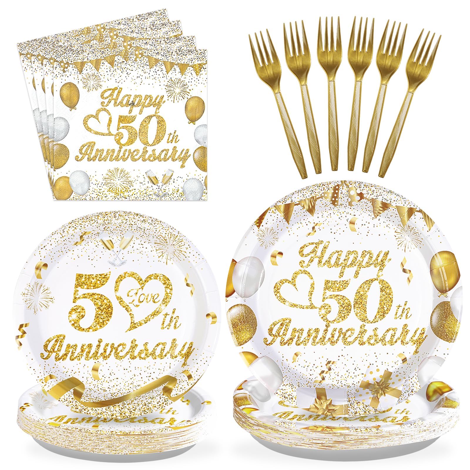 Grencian 96pcs 50th Wedding Anniversary Decorations,Golden 50th Anniversary Party Plates and napkins,White and Gold Paper Tableware set Party Supplies Party Favors for Men Women,Serve 24