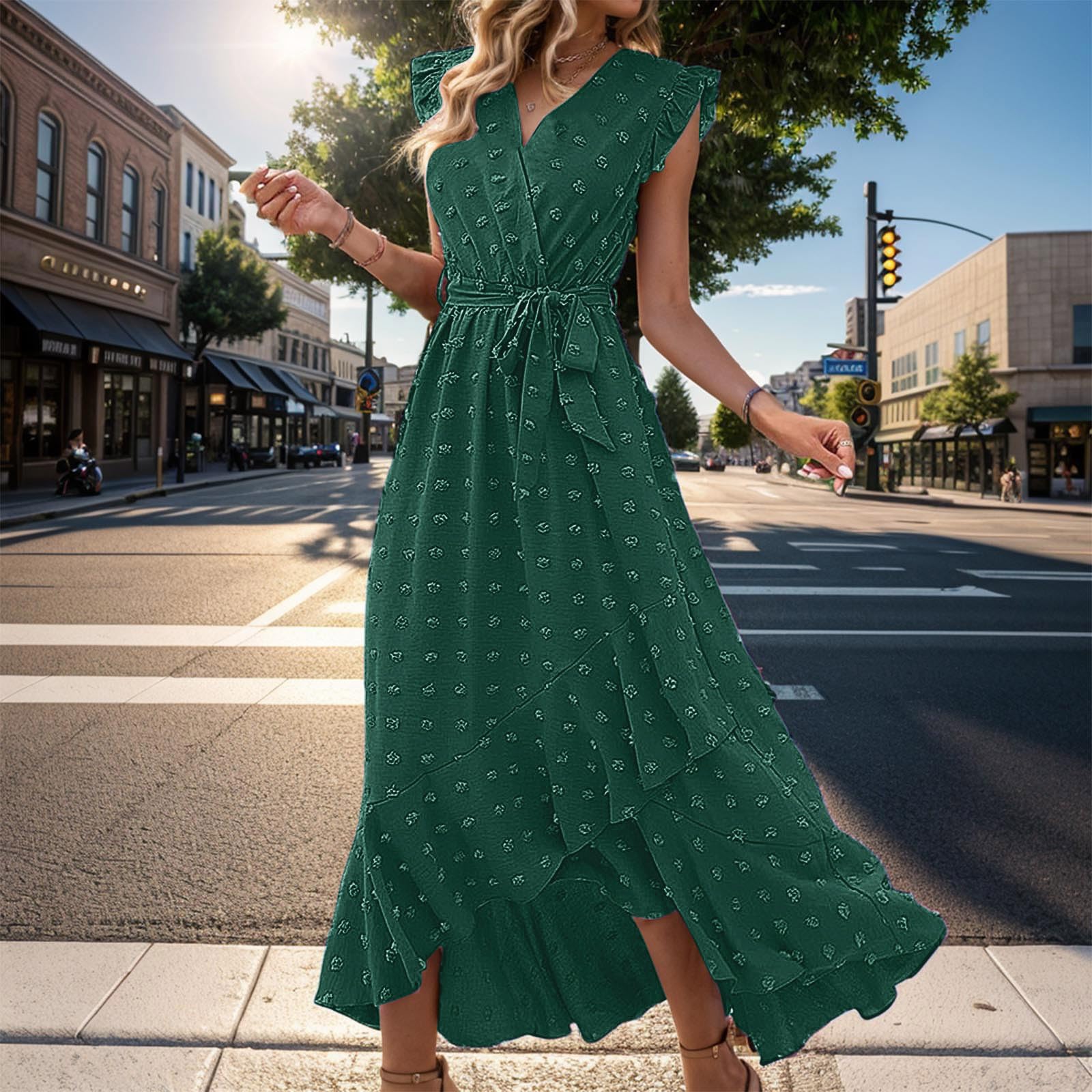 Vestido cruzado para mujer, de verano, largo, elegante, vestido de playa, cuello en V, línea A, vestido de verano, vestido de muselina Vokuhila, vestido de playa, vestido maxi ventilado sin mangas