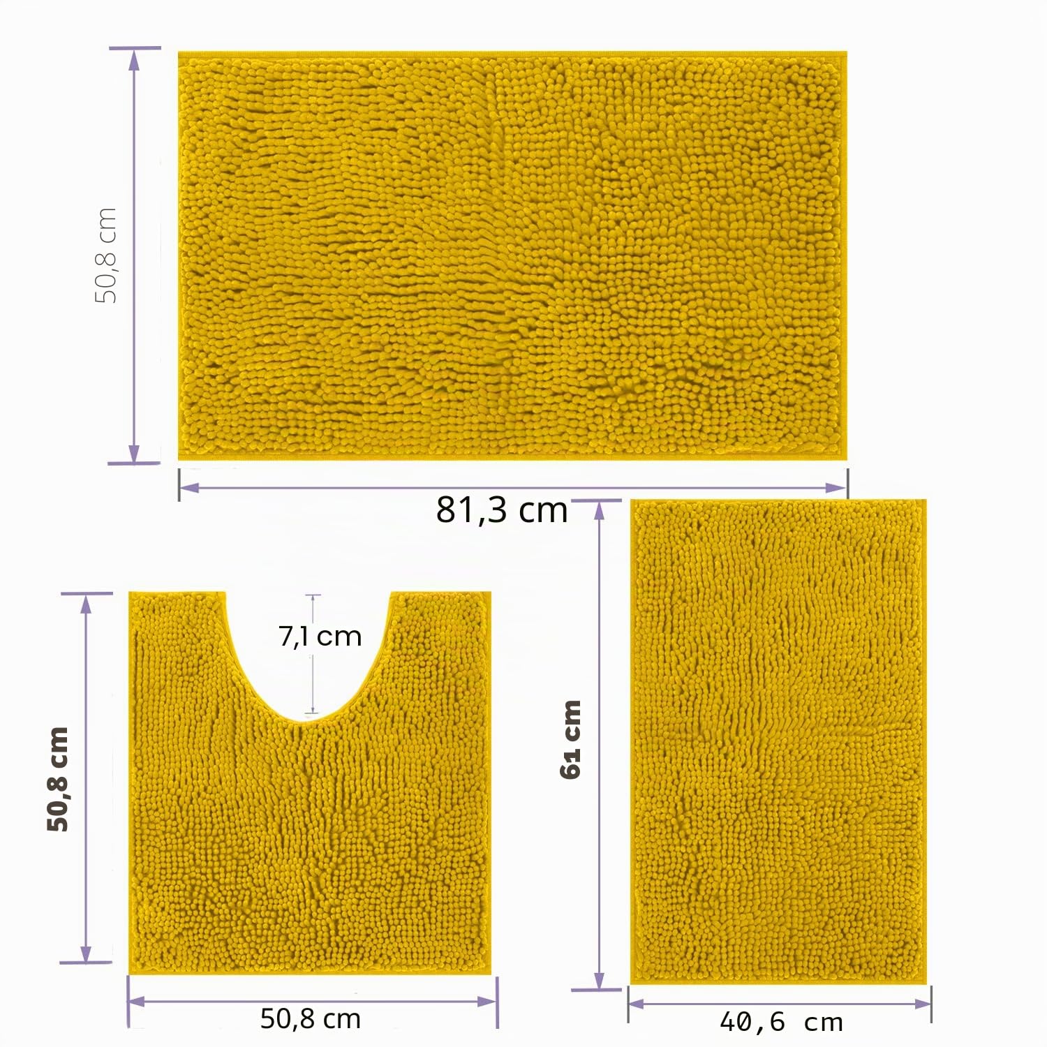 Set di 3 Tappetini da Bagno Antiscivolo in Ciniglia - 20 x 32, 16 x 24 e 20 x 20 Pollici a Forma di U per Bagno, Camera da Letto (Zenzero)