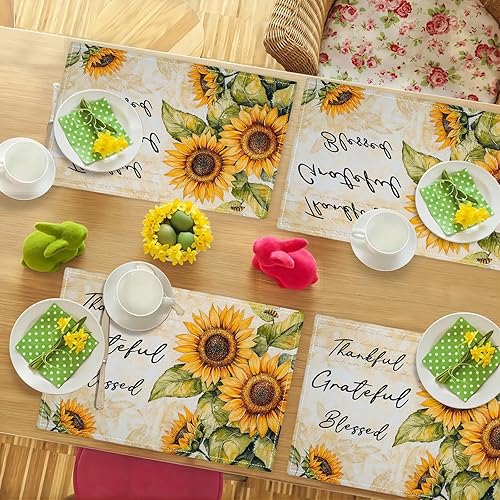 Miniatura 4 de Juego de 6 manteles individuales de girasol de granja, manteles individuales de diseño de abejas rústicas, manteles individuales lavables para