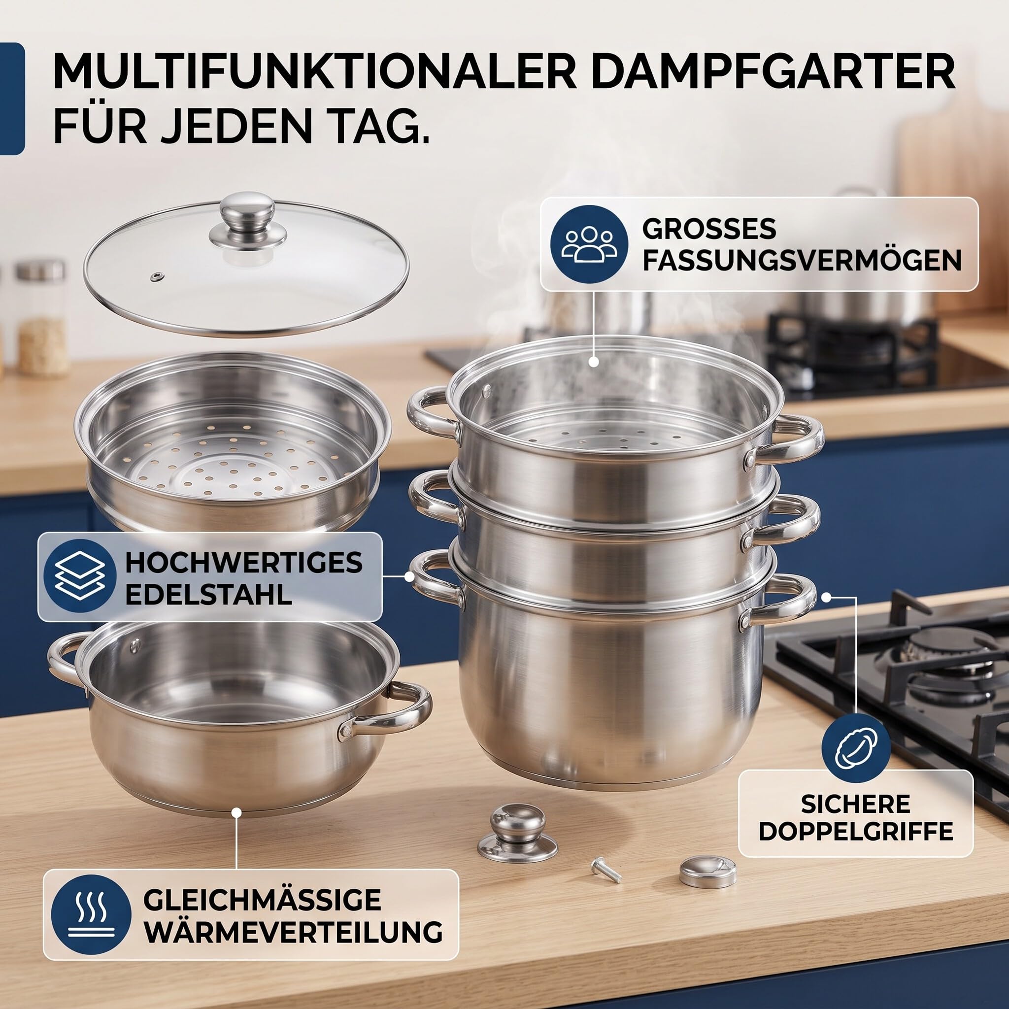 Edelstahl Dampftopf, Verdickter, Multifunktional, Großes Fassungsvermögen, Doppelohr-Topf für Lebensmittel, Knödel, Nudeln, Kochen