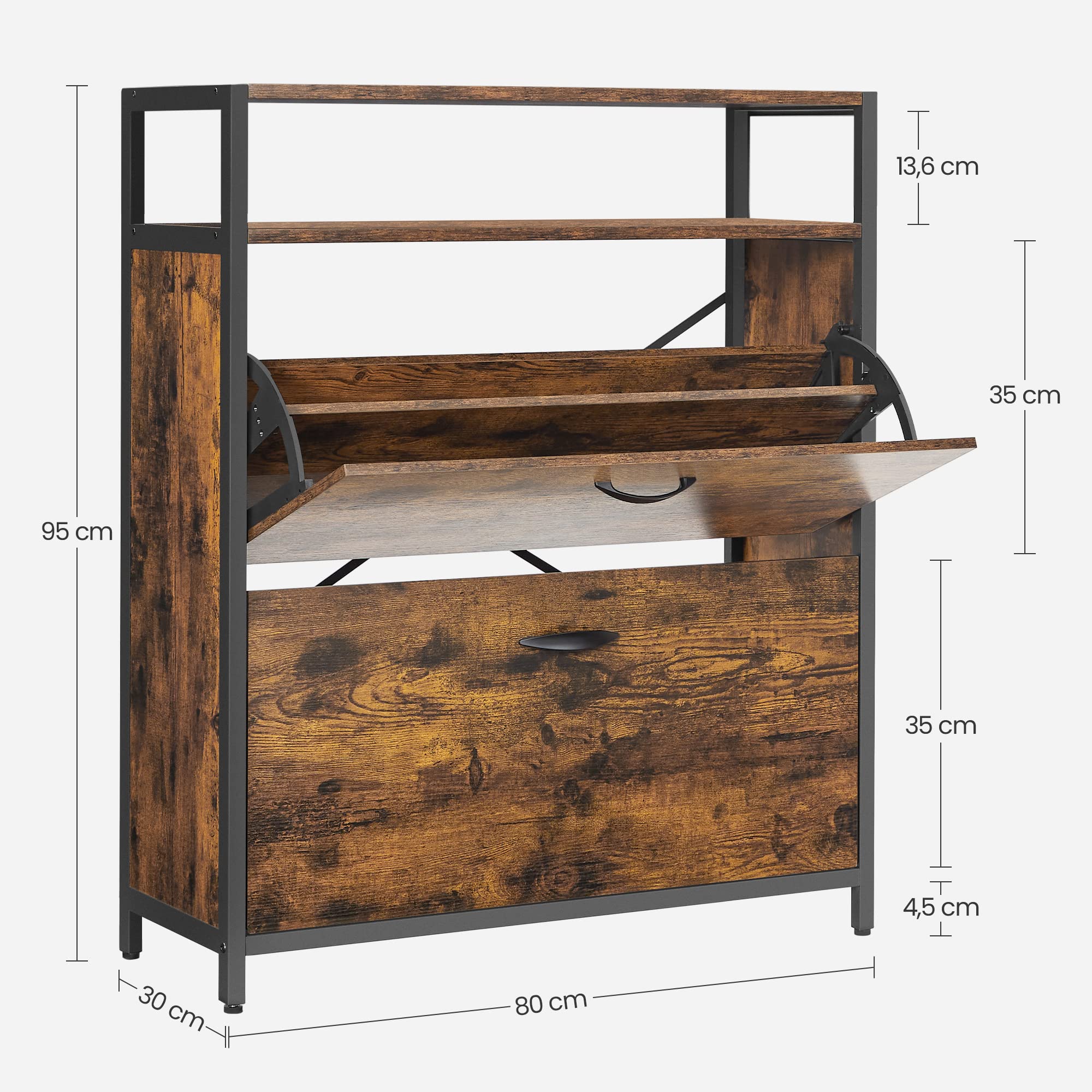 VASAGLE Schuhschrank, schmales Schuhregal, Schuhkipper mit 2 Klappen, für 10-16 Paar Schuhe, platzsparend, staubdicht, 30 x 80 x 95 cm, für Flur, vintagebraun-schwarz LBS801B01