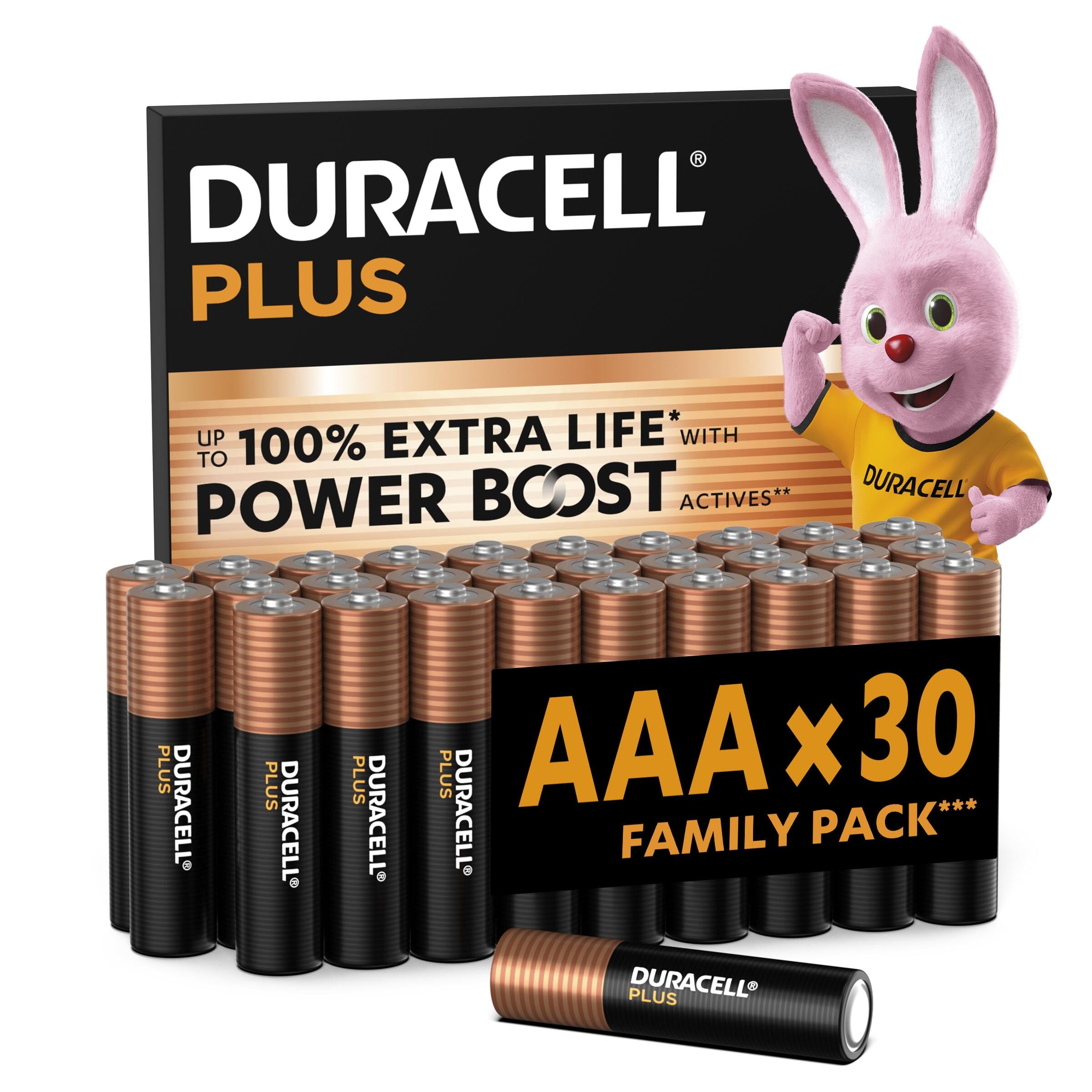 DURACELL Plus Piles AAA (Lot de 30) – Piles Alcalines 1,5 V–Durent Jusqu’à 100% Plus Longtemps grâce aux Actifs Power Boost–Fiable pour Vos Appareils du Quotidien–Emballage 0% Plastique– MN2400