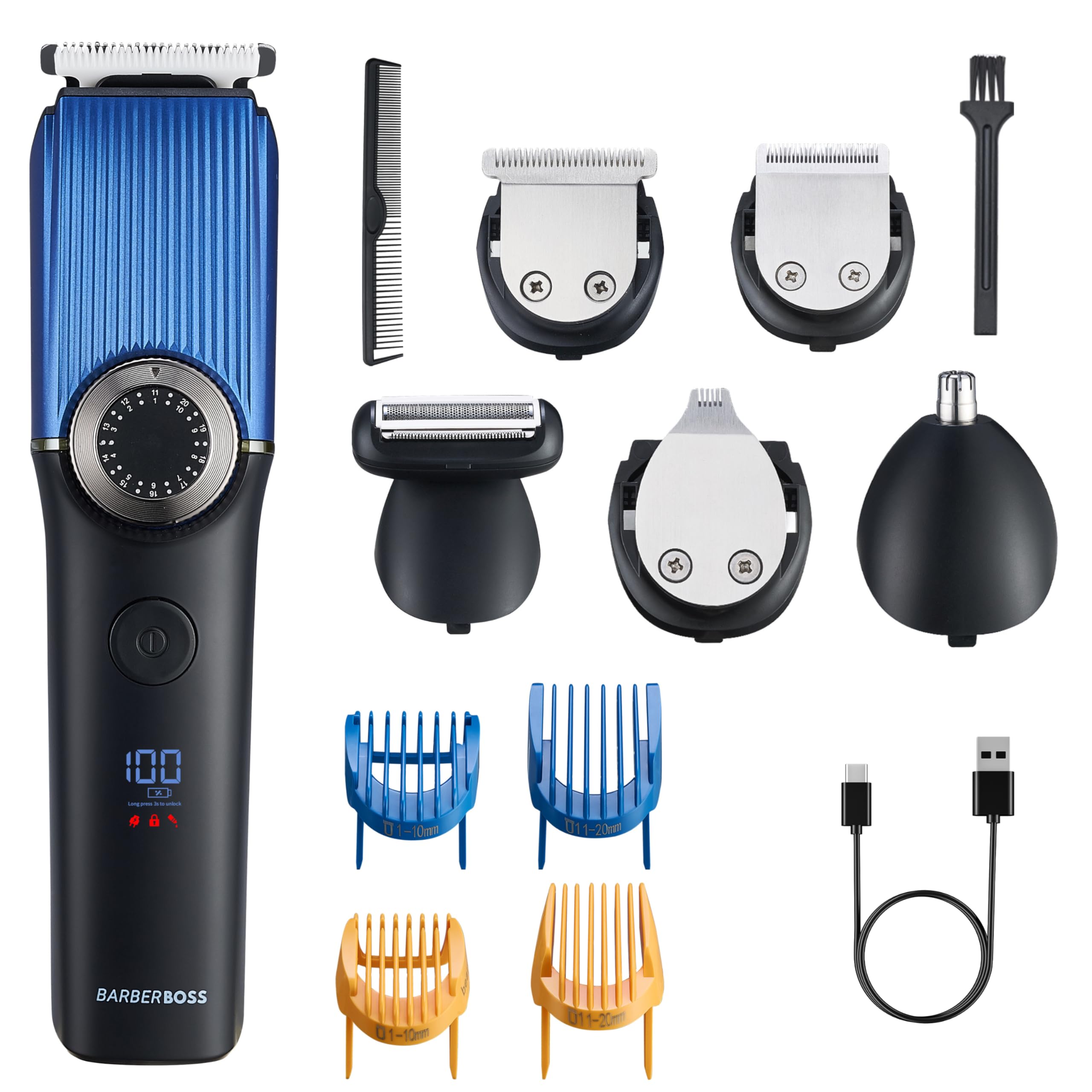 BarberBoss Men’s 5-in-1 Grooming Kit, Cordless Hair Clippers, Beard Trimmer Men, Body & Nose Groomer with Precision Dial, 39 Length Settings, Rechargeable Men’s Clipper