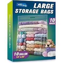HIBAG 10 Gallon Large Storage Bags, 18 x 20 Resealable Clear Bags with Handle, Extra Large XL Heavy Duty for Clothes Pillow Travel Moving, Pack of 10