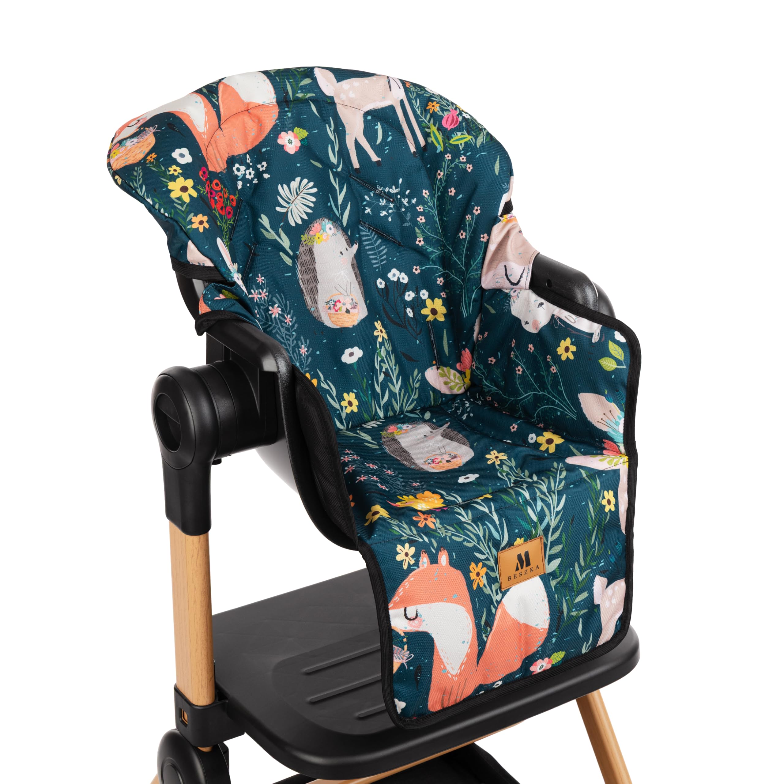 Hochstuhlbezug Ersatzbezug – Universal Sitzkissen kompatibel mit Hauck, IKEA, Stokke, wasserfest Öko-Tex (Waldtiere Wald)