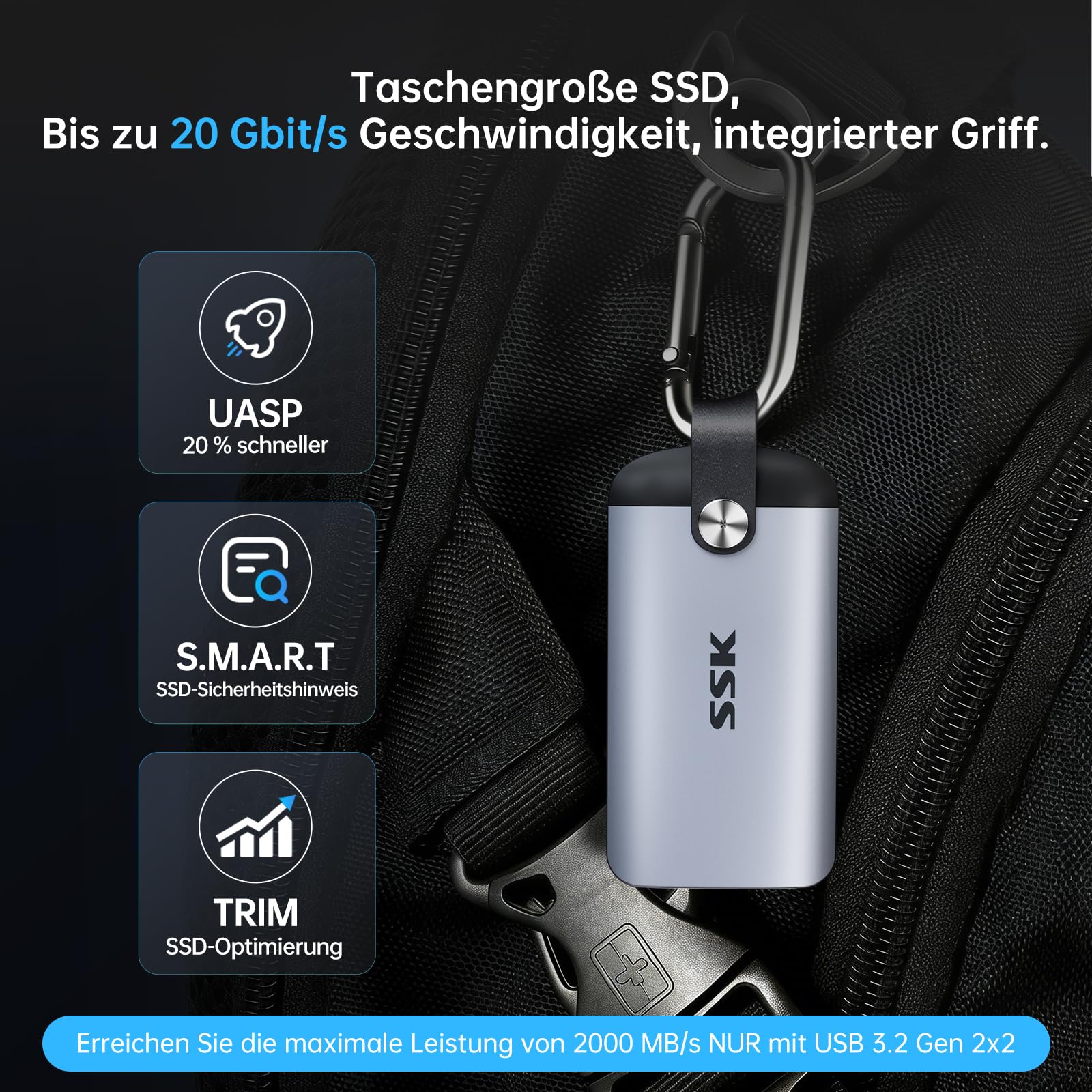 SSK Externe Portable NVMe SSD 2TB, max. 2000 MB/s nur über USB 3.2 Gen 2x2 | SSD Festplatte extern mit Ledergriff und USB-C für iPhone 15/16/17, Android, Windows, Tablet, Mac, Laptop, PC und Xbox One