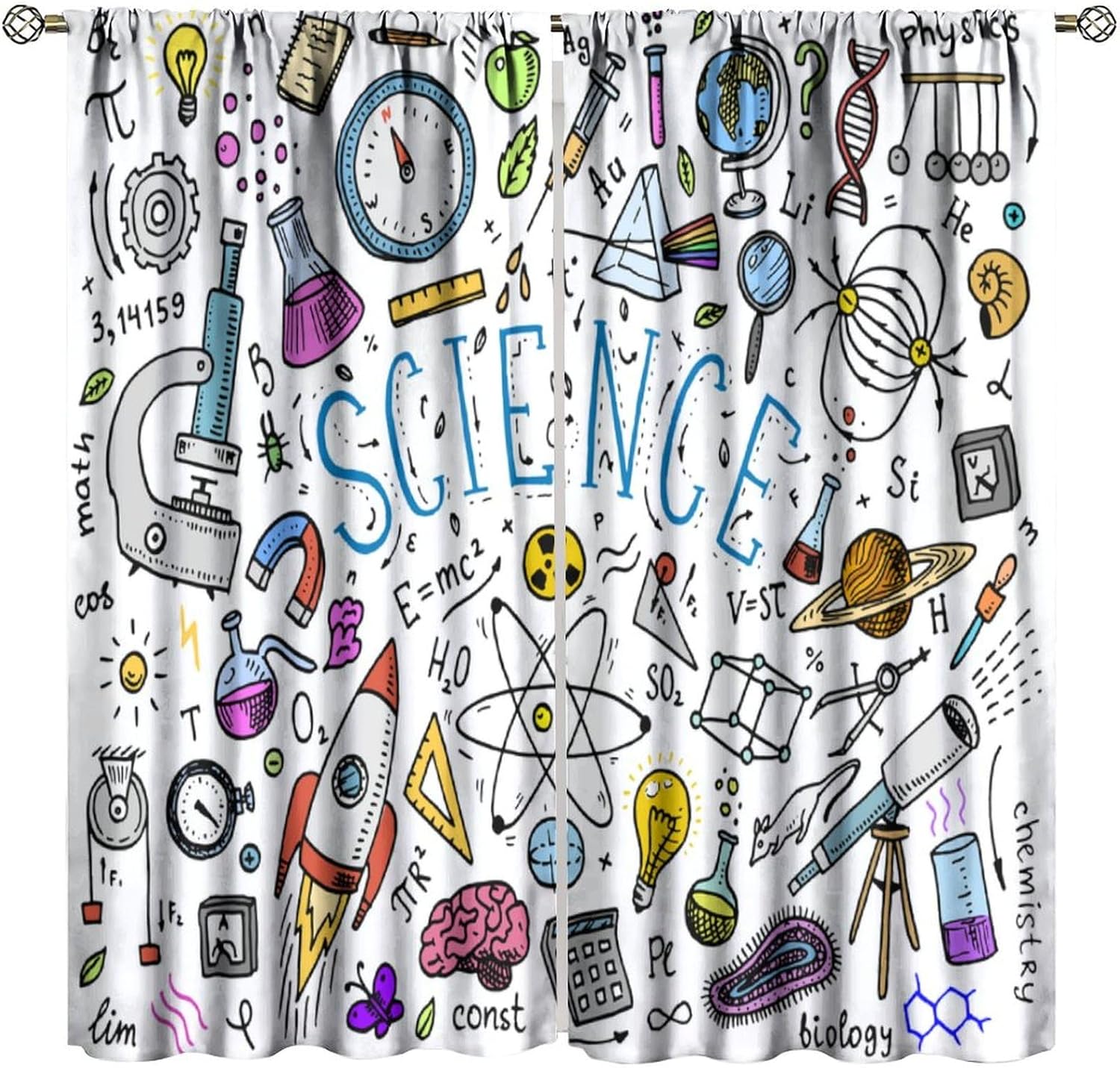 Science Symbols Kids Curtain Sketches Cartoon Chemistry Physics Geometry Education Pattern Print Window Drapes for Bedroom Living Room Kitchen Decor,2 Panel Set,42x54 Inch Blackout