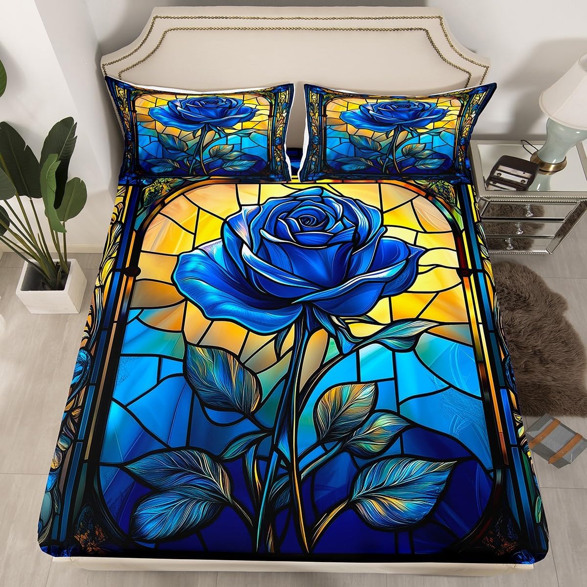 Feelyou Flower Fitted Sheet Queen Size Rose Floral Flower Bedding Set Garden Flower Bed Sheet Set Romantic Bed Cover Dark Yellow Blue Bed Set