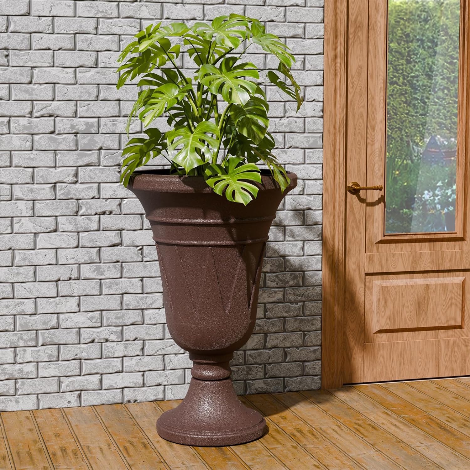23.6" Tall Plastic Urn Planters for Outdoor Plants, Set of 2 Heavy-Duty Classic Indoor Large Flower Pots with Drainage Holes & Trophy Design, Outdoor Planters for Porch, Home Garden, Brown