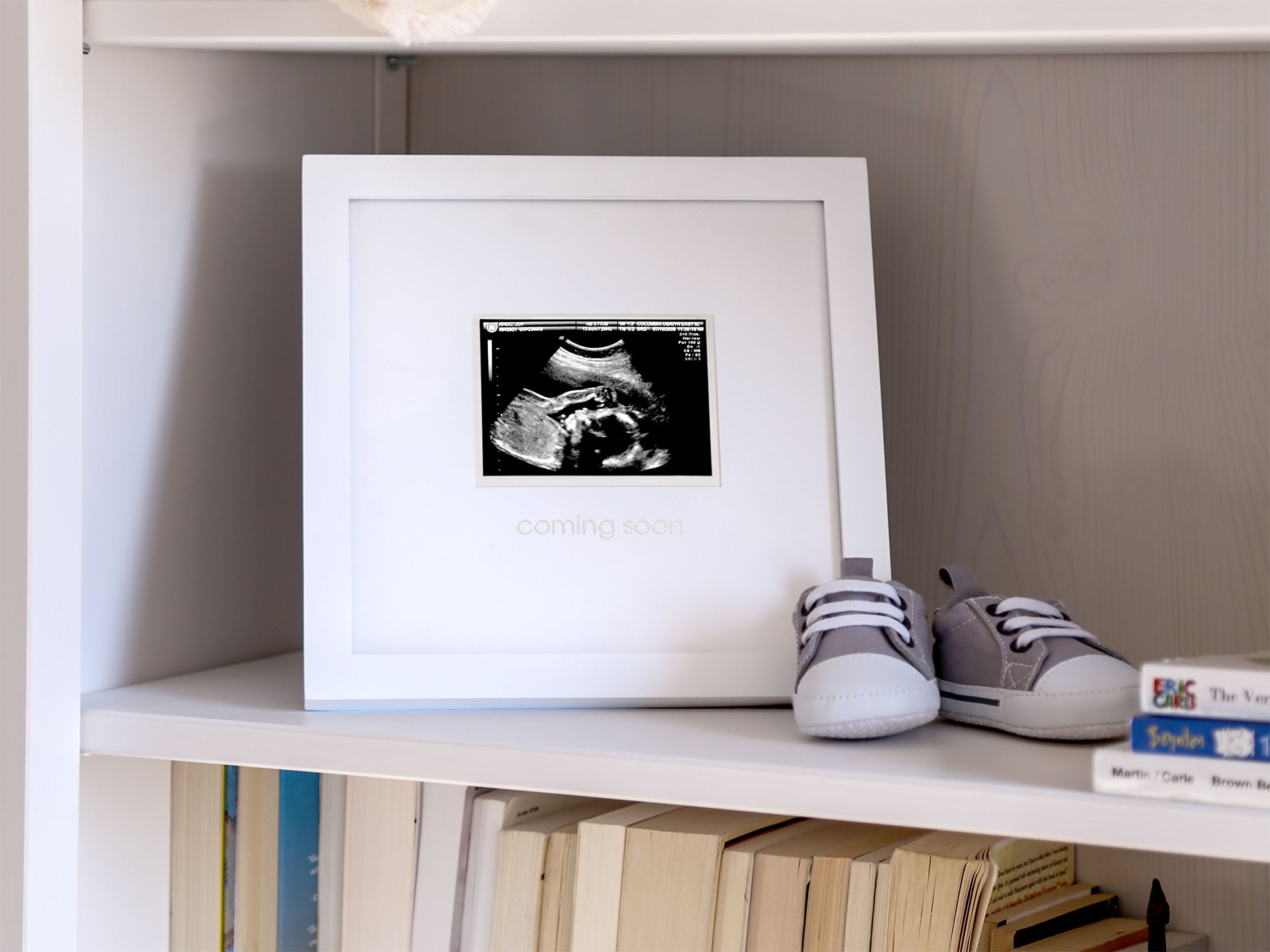 Pearhead Coming Soon Sonogram Frame, Gender Reveal Ultrasound Picture Frame, Nursery Wall Décor, Pregnancy Announcement Baby Photo Frame, White