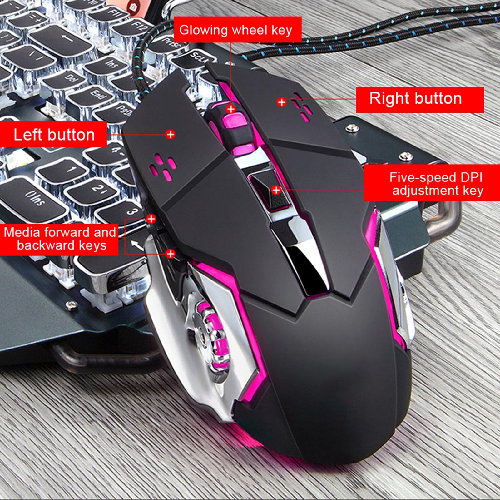 AMONIDA Set Tastiera e Mouse da Gioco Meccanici Cablati USB con Risoluzione Regolabile 3200 DPI per Uso Domestico e in Ufficio