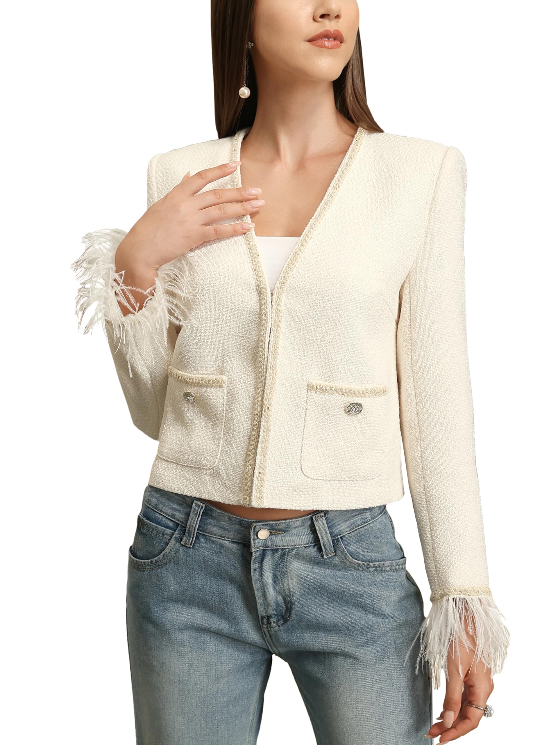 M Infisavo Womens Tweed Cropped Jacket with Pockets V-Neck Collarless Dressy Blazers Long Sleeve Feather Trim Dressy