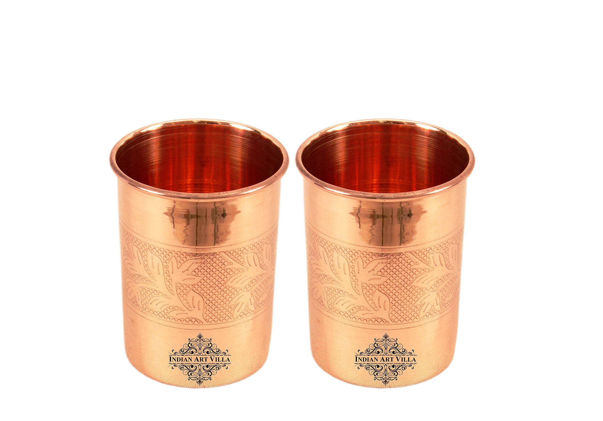 INDIAN ART VILLA Designer Copper Glass Tumbler Cup, Serving Drinking Water, Health Benefit Yoga, 300 ML Each, Pack of 2, Brown