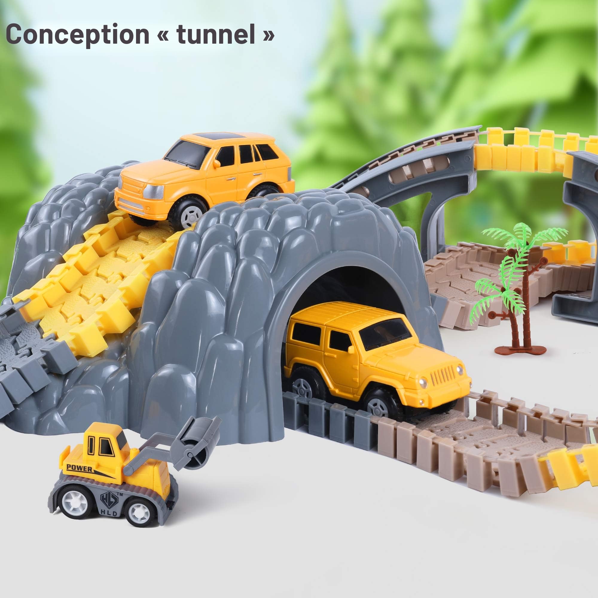 TUMAMA Circuit Voiture Electrique Enfant 3 4 5 6 7 8 Ans, Électrique Circuit De Course avec 8 Camions, Jouet Train Track Chantier Set, Flexibles Véhicules pour Garçons Cars Jeux Educatif Cadeau