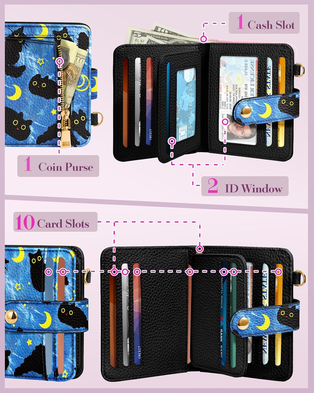 Bistup Wallet for Women Cute Small Card Wallet Genuine Leather Rfid with Keychain for Ladies Teen Girls Female Girly Aesthetic Blue Black Cat Unique Kawaii Pretty Modern Bifold Credit Card Holder - Image 3