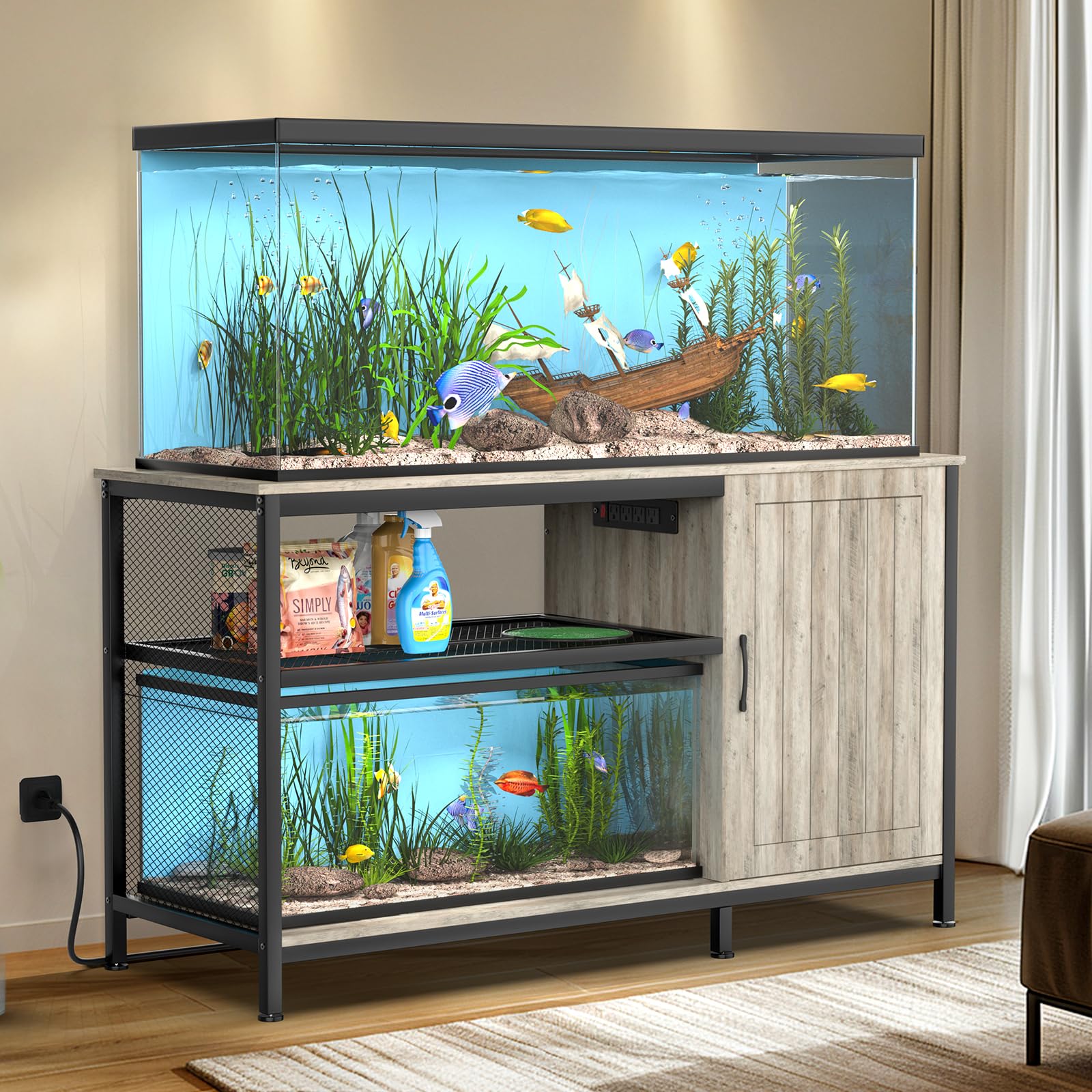 Tatub 55-90 Gallon Aquarium Stand with Power Outlets, Large Fish Tank Stand with Cabinet for Accessories Storage, Heavy Duty Metal Fish Tank Table Suitable for Turtle, Reptile, 1000LBS Capacity