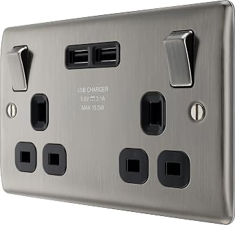 BG Electrical Double Switched Power Socket with Two USB Charging Ports, 13 Amp, Brushed Iridium Black